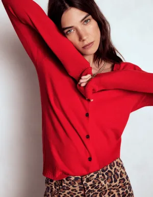 Fresh Casual Wear Thermal Lined Cuffs Emilia Cotton Crew Cardigan-Poppy Red