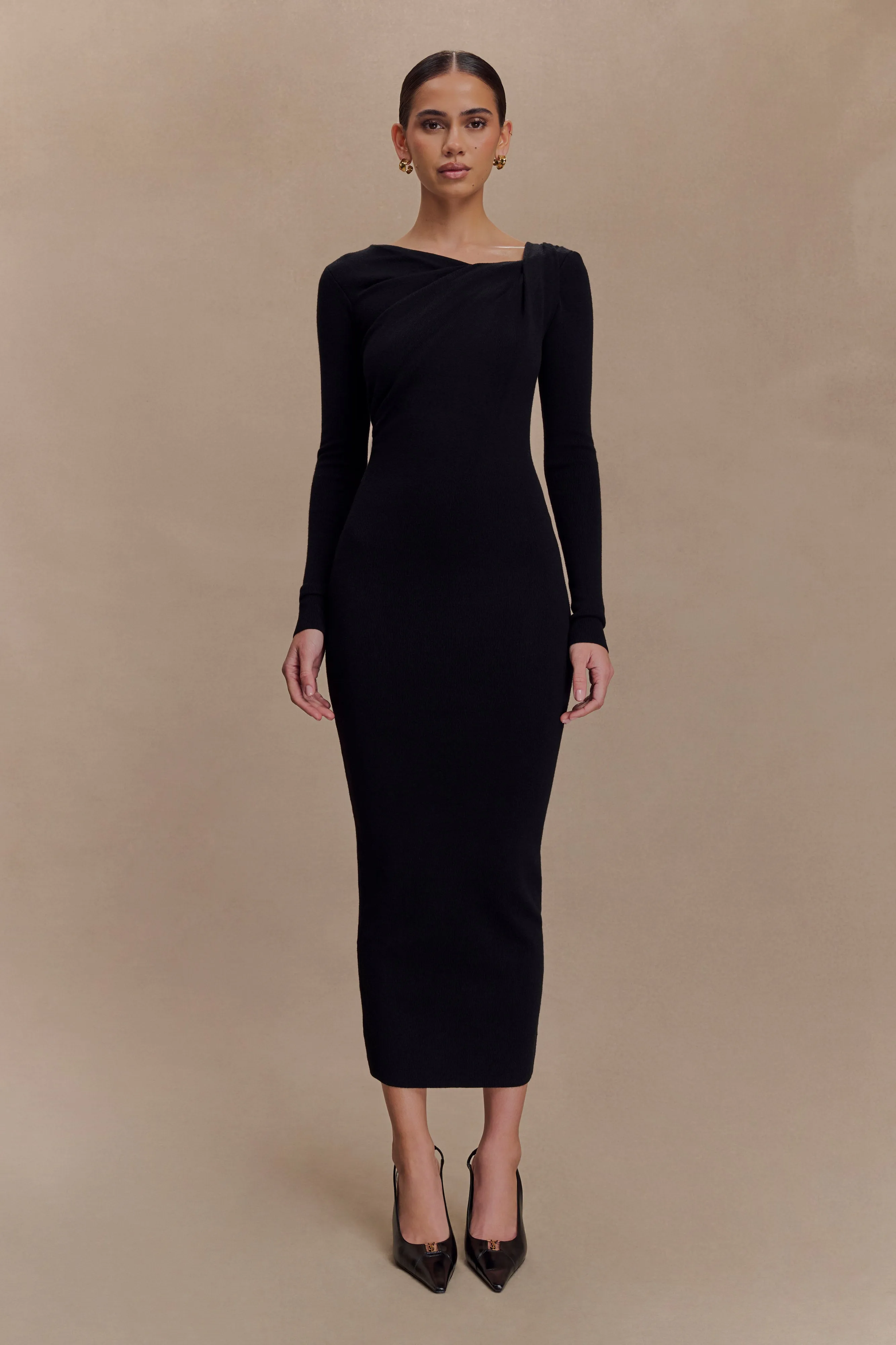 Light material Daily Casual Culver Draped Twist Knit Midi Dress - Black