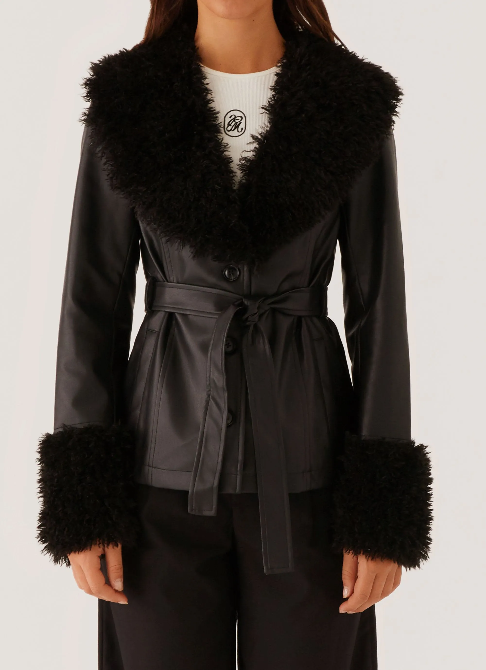 Street Lights Fur Trim Jacket - Black Non Bulky Design