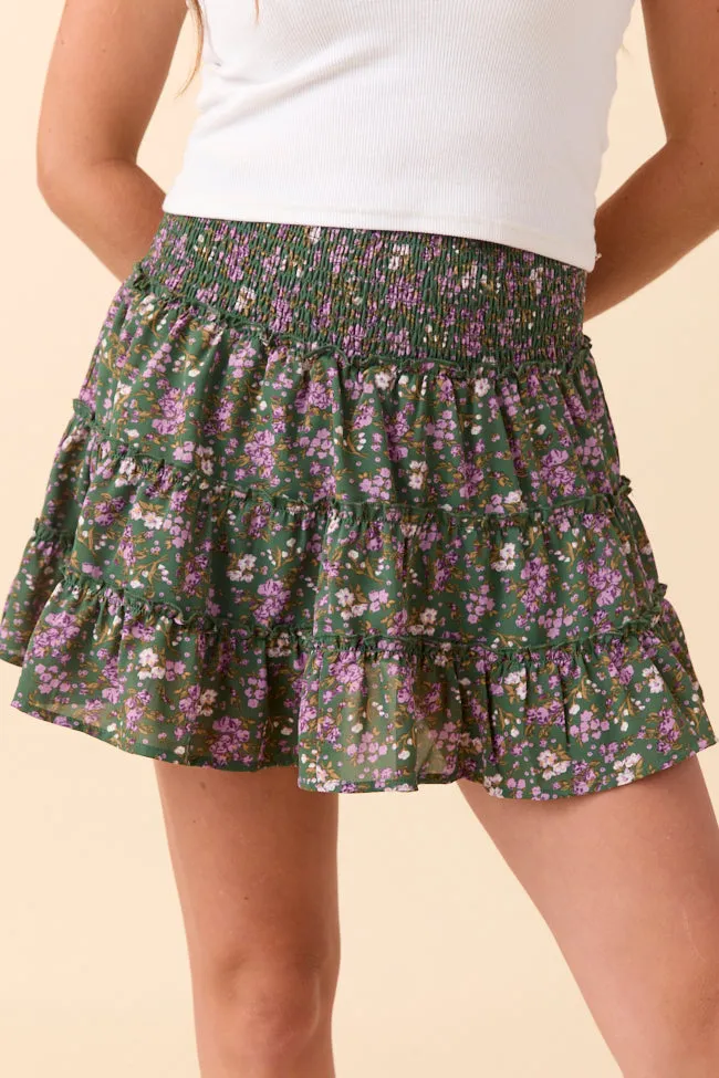 Slip Resistant Waist Refined Sophistication Through the Garden Green and Lavender Floral Print Skort