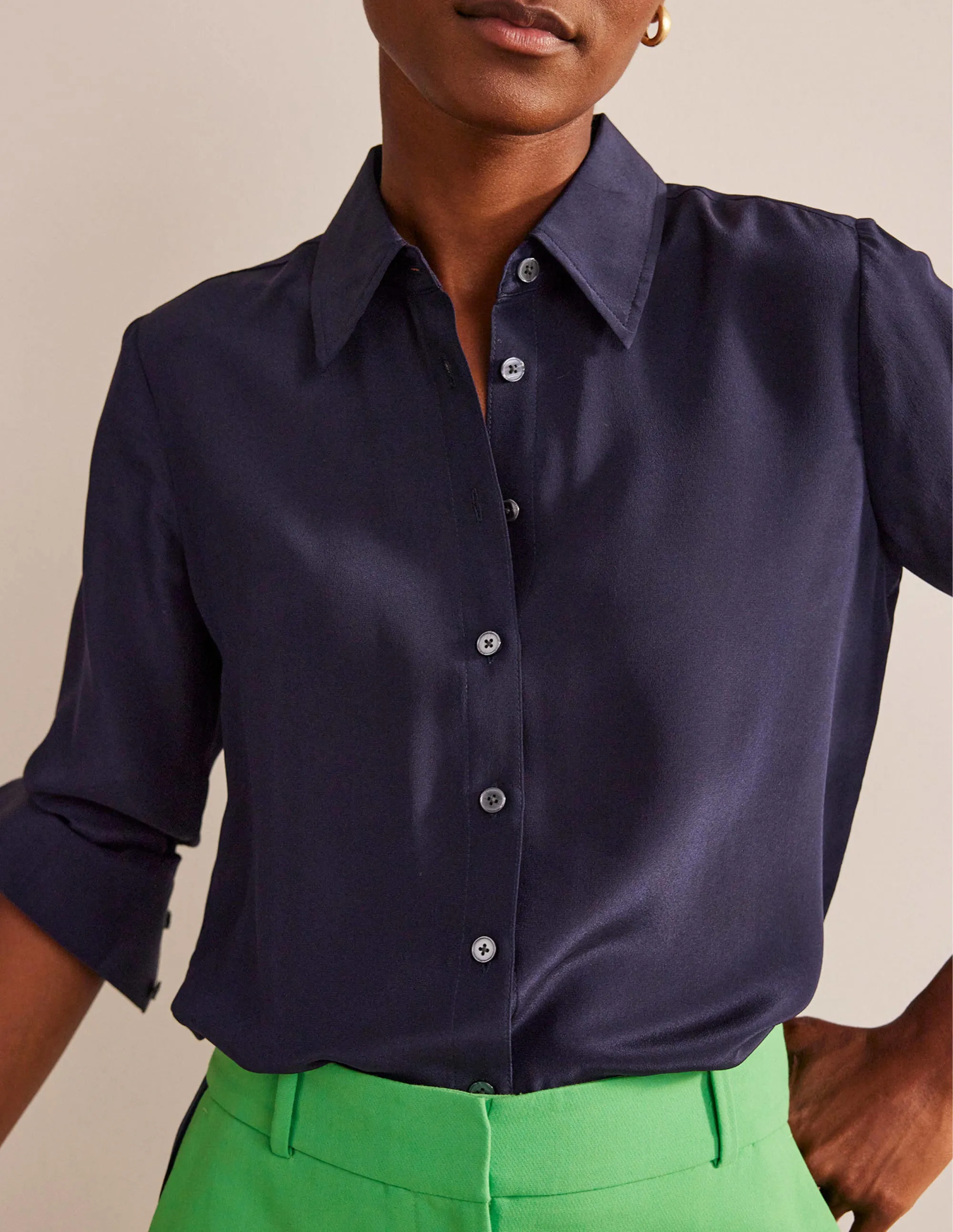 Sustainable Packaging Sienna Silk Shirt-Navy