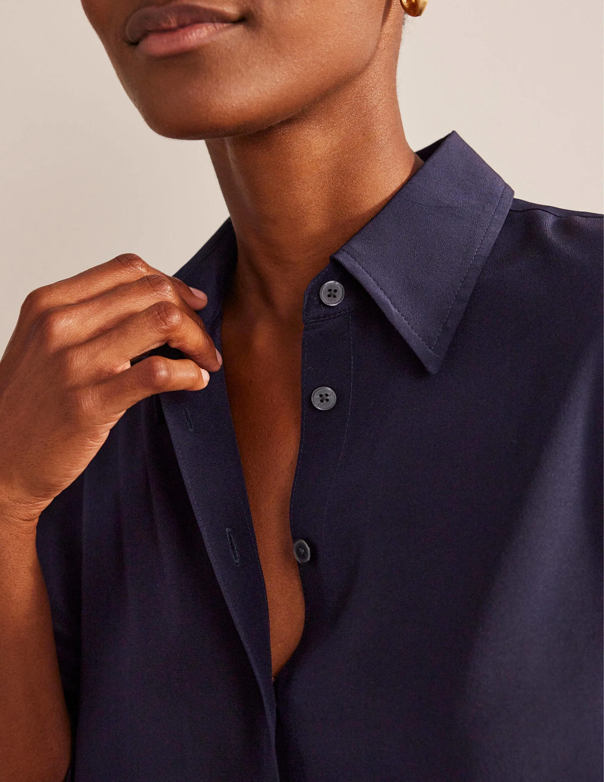 Light and Breezy Chilly Day Essentials Sienna Silk Shirt-Navy