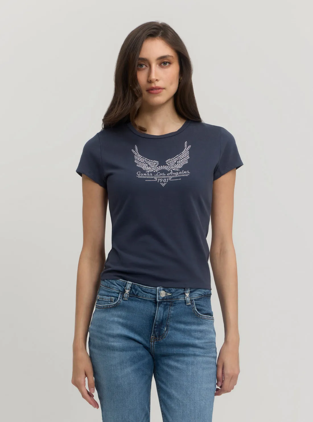 Navy Short Sleeve Studded Wings Logo T-Shirt fade resistant color