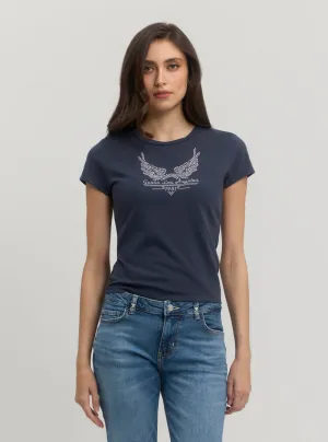 Basic Layering Chill Comfort Look Navy Short Sleeve Studded Wings Logo T-Shirt