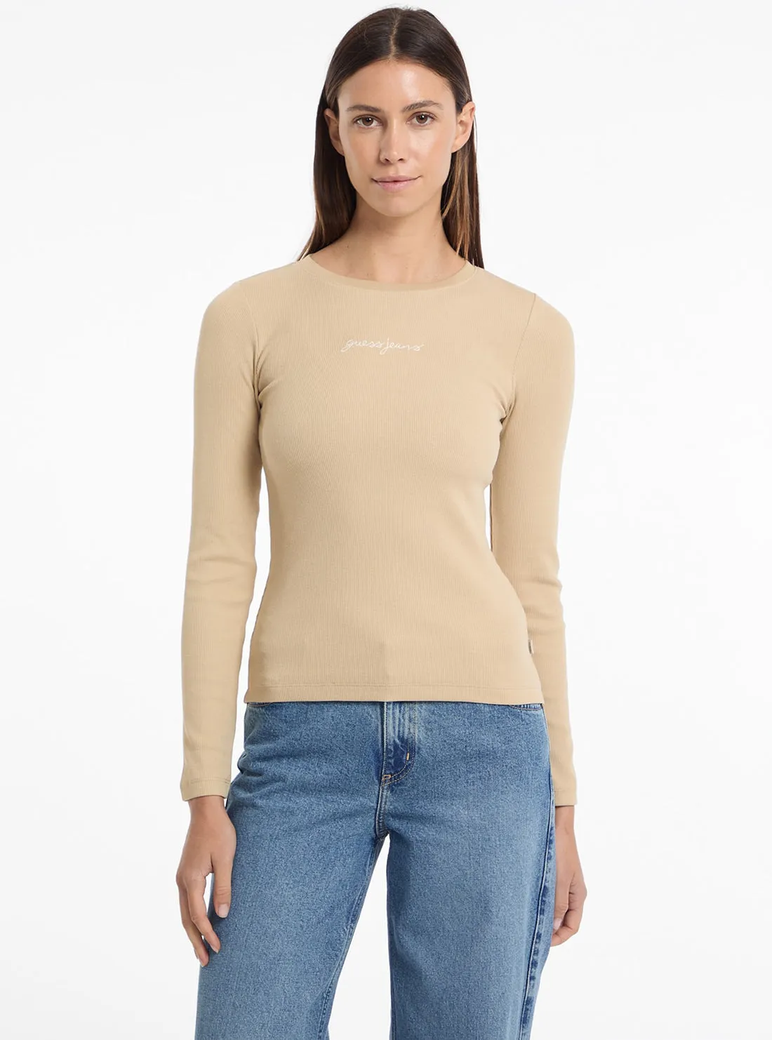Slim Silhouette Simple and Cozy Guess Jeans Beige Slim Rib T-Shirt