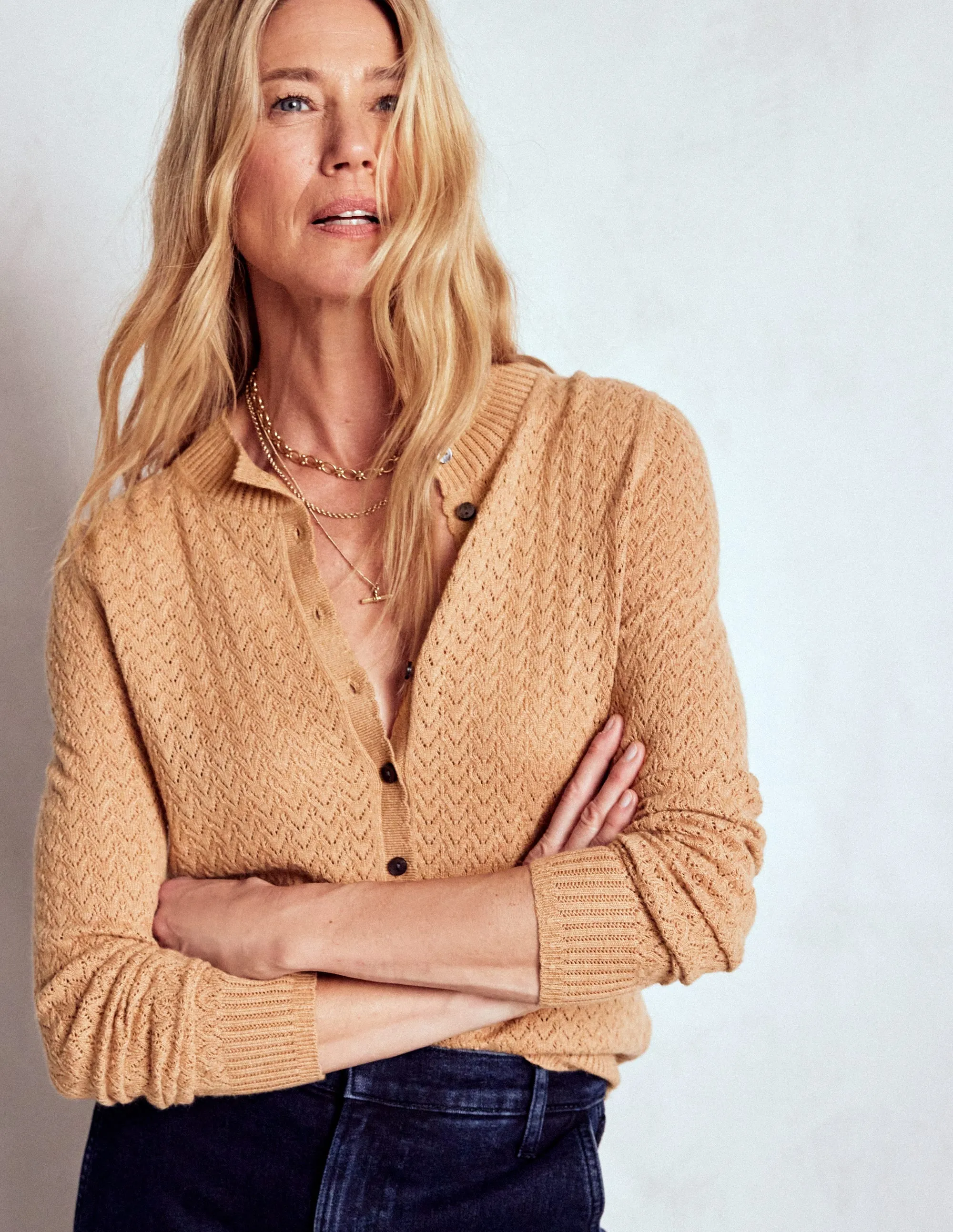 Rolled Cuffs Diane Pointelle Cardigan-Camel Melange