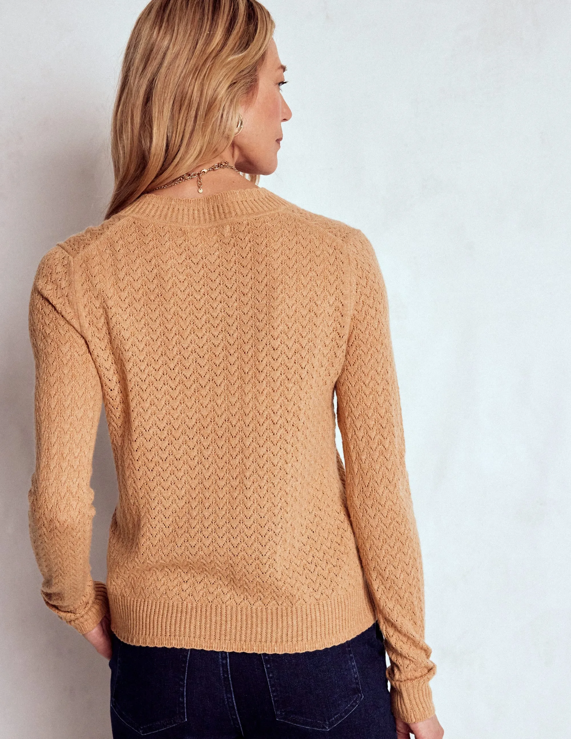 Turtleneck Variation Diane Pointelle Cardigan-Camel Melange