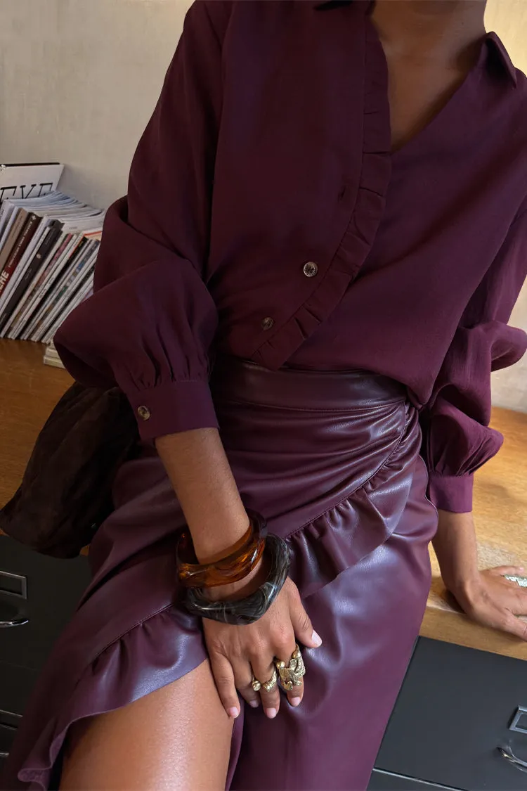 Wine Vegan Leather Ruffle Jaspre Skirt Bold Look