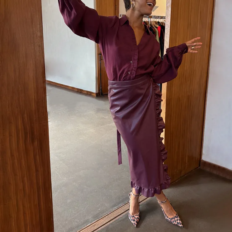 Sleek Comfort Designer Inspired Wine Vegan Leather Ruffle Jaspre Skirt