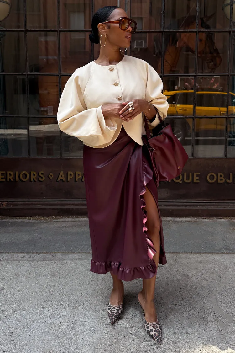 Ankle length Jewel Tones Wine Vegan Leather Ruffle Jaspre Skirt