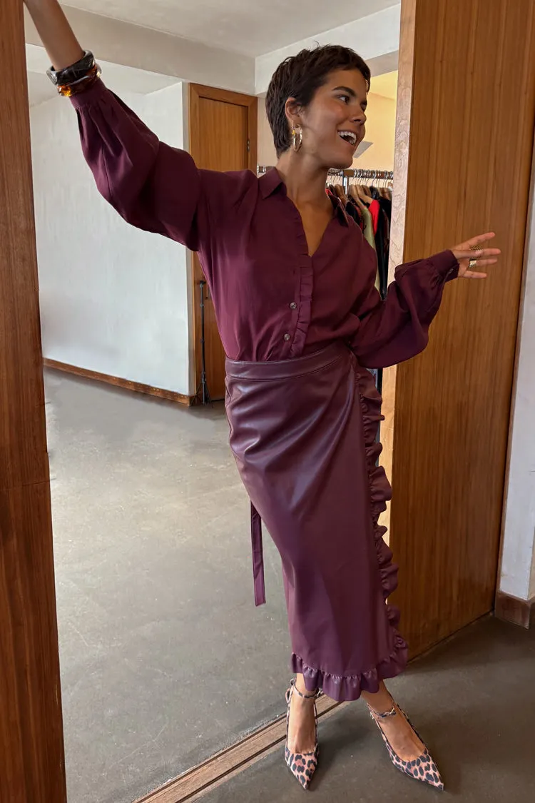 Wine Vegan Leather Ruffle Jaspre Skirt Plant Based Material Print Mix