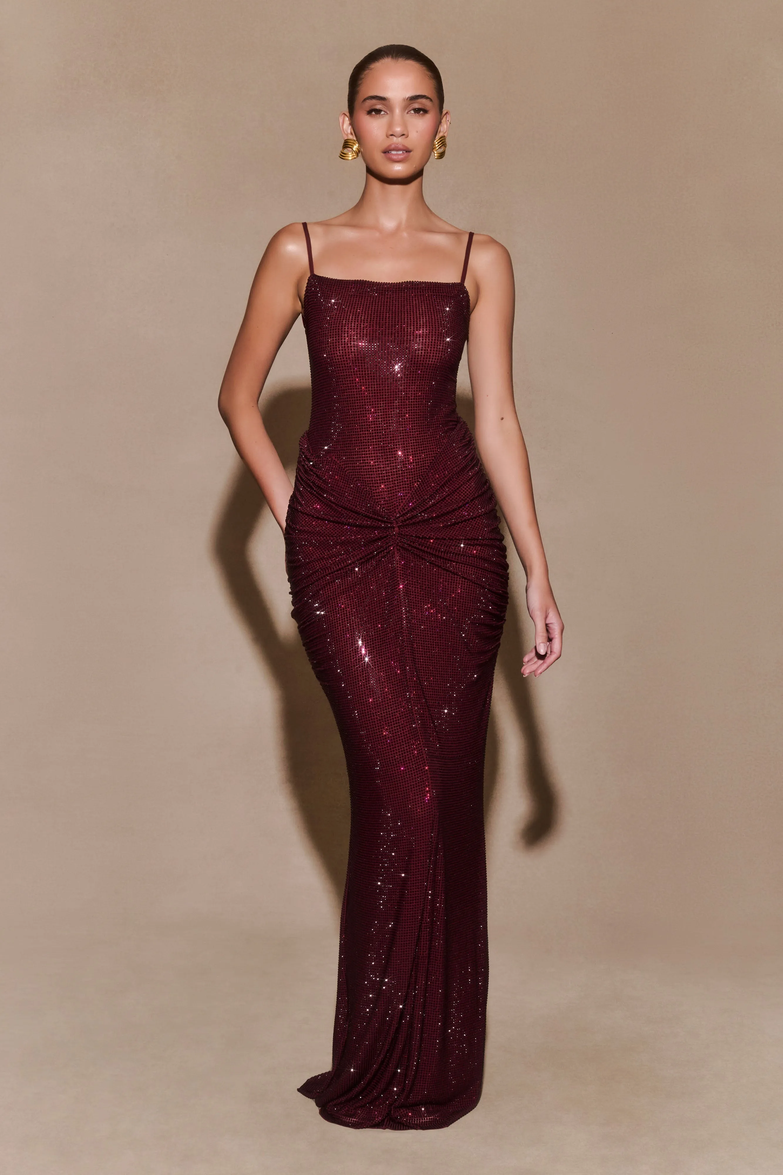 Elegant Layer Silky-Lining Roisin Diamante Satin Maxi Dress - Mahogany