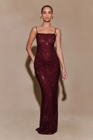 Elegant Layer Silky-Lining Roisin Diamante Satin Maxi Dress - Mahogany