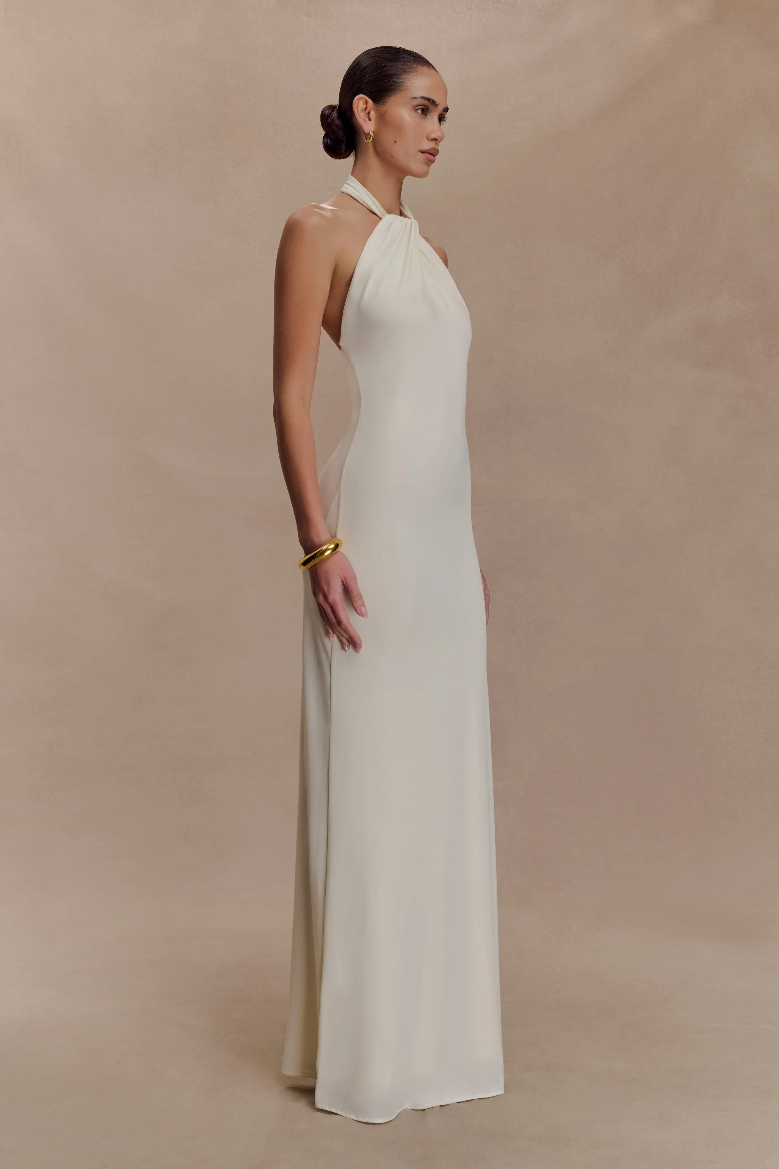 Flattering Waistband Gentle Aesthetic Elyna Slinky Halter Maxi Dress - Ivory