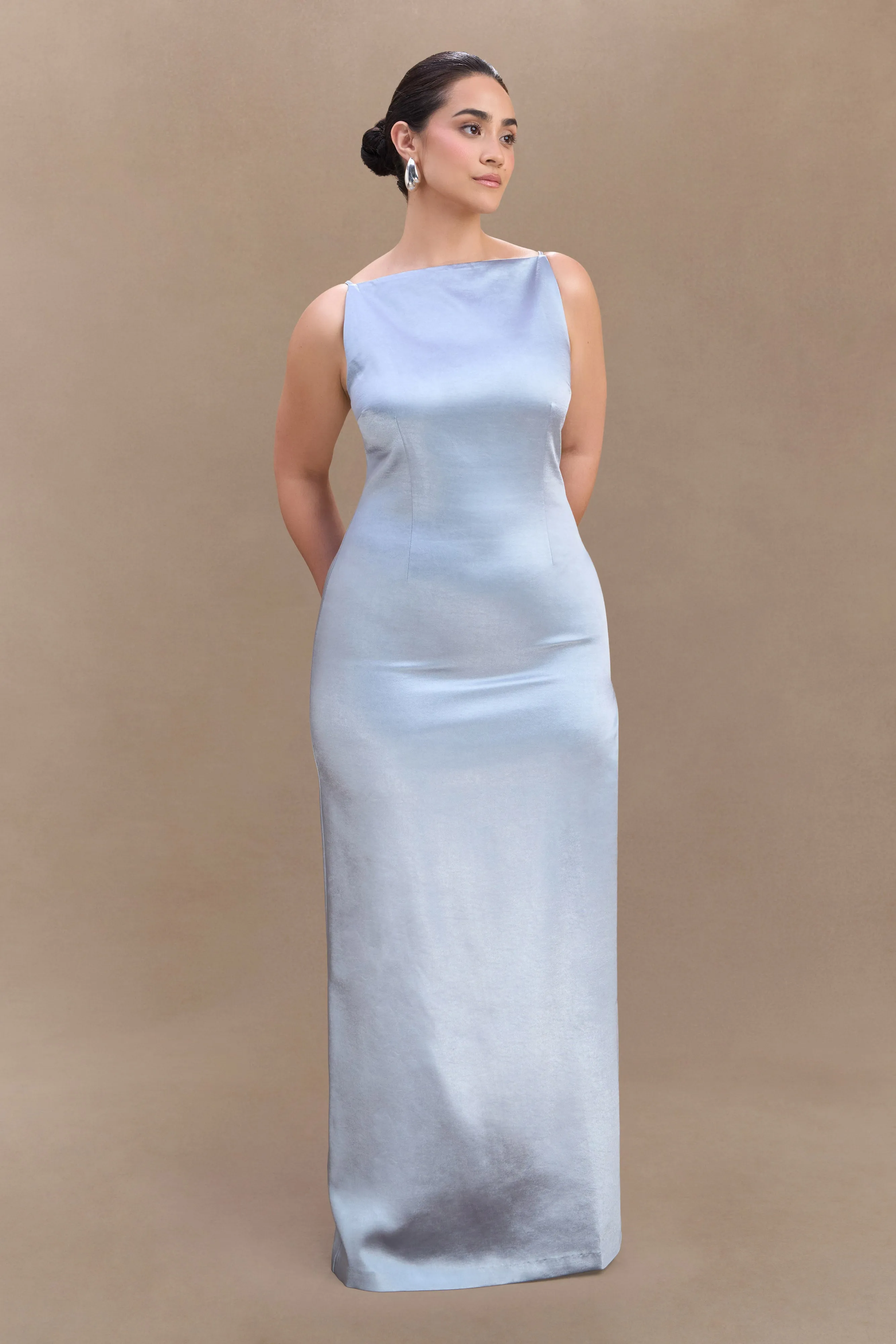 Violet Sleeveless Satin Maxi Dress - Frosted Blue Shiny Zip
