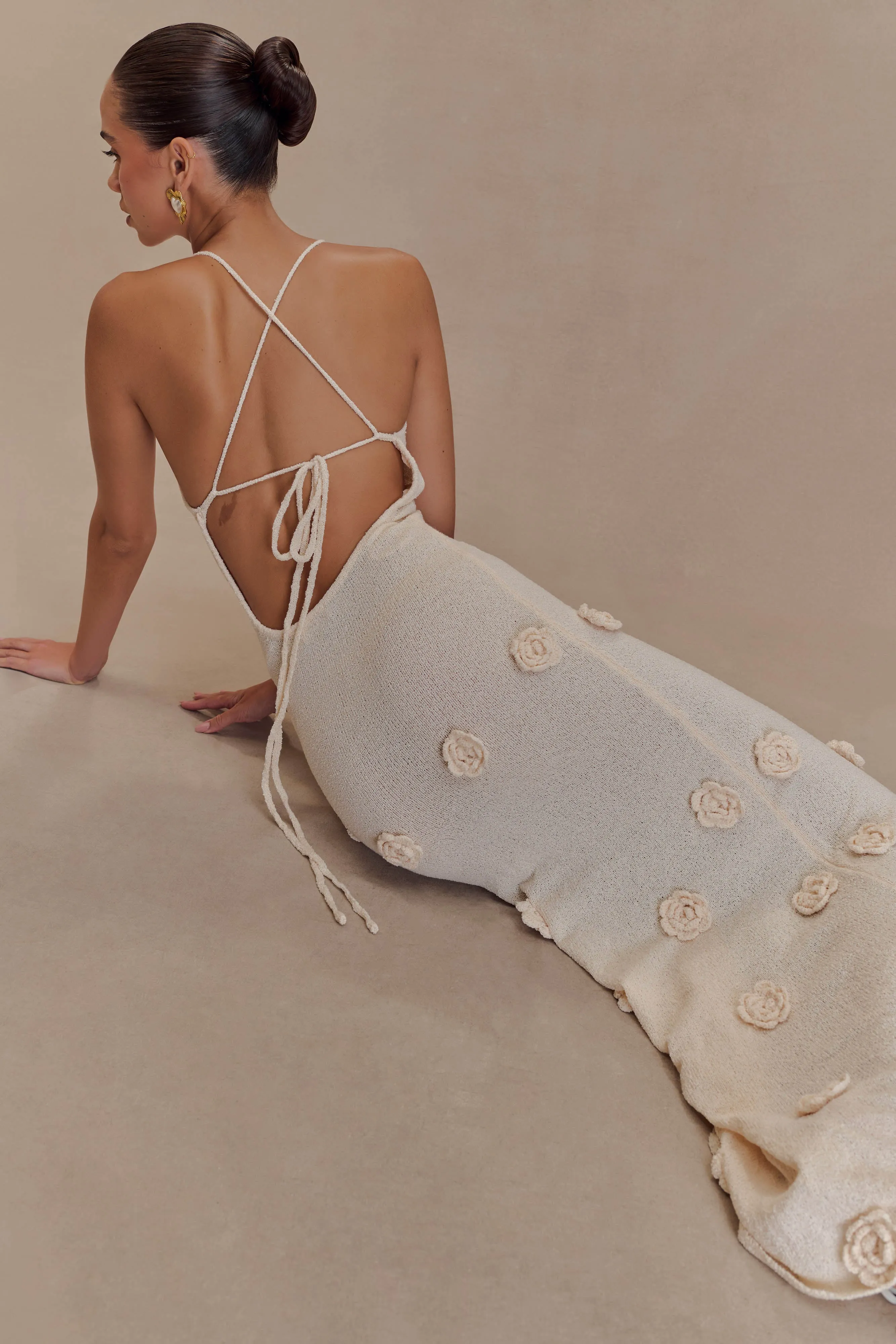 Suki Knit Maxi Dress With Flowers - Nude Petal Zone Evening Classic