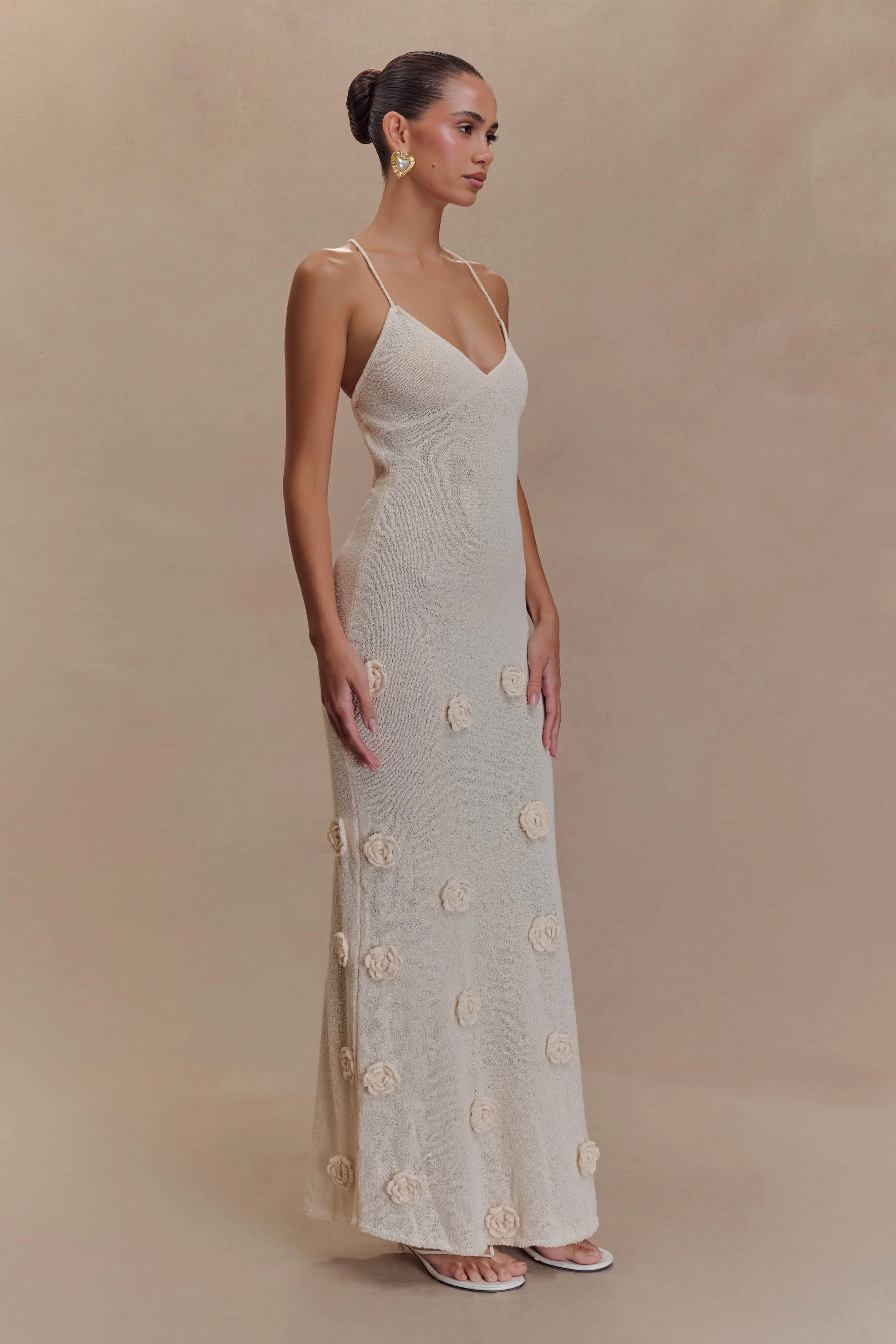 Subtle Flow Elegant Waist Design Suki Knit Maxi Dress With Flowers - Nude