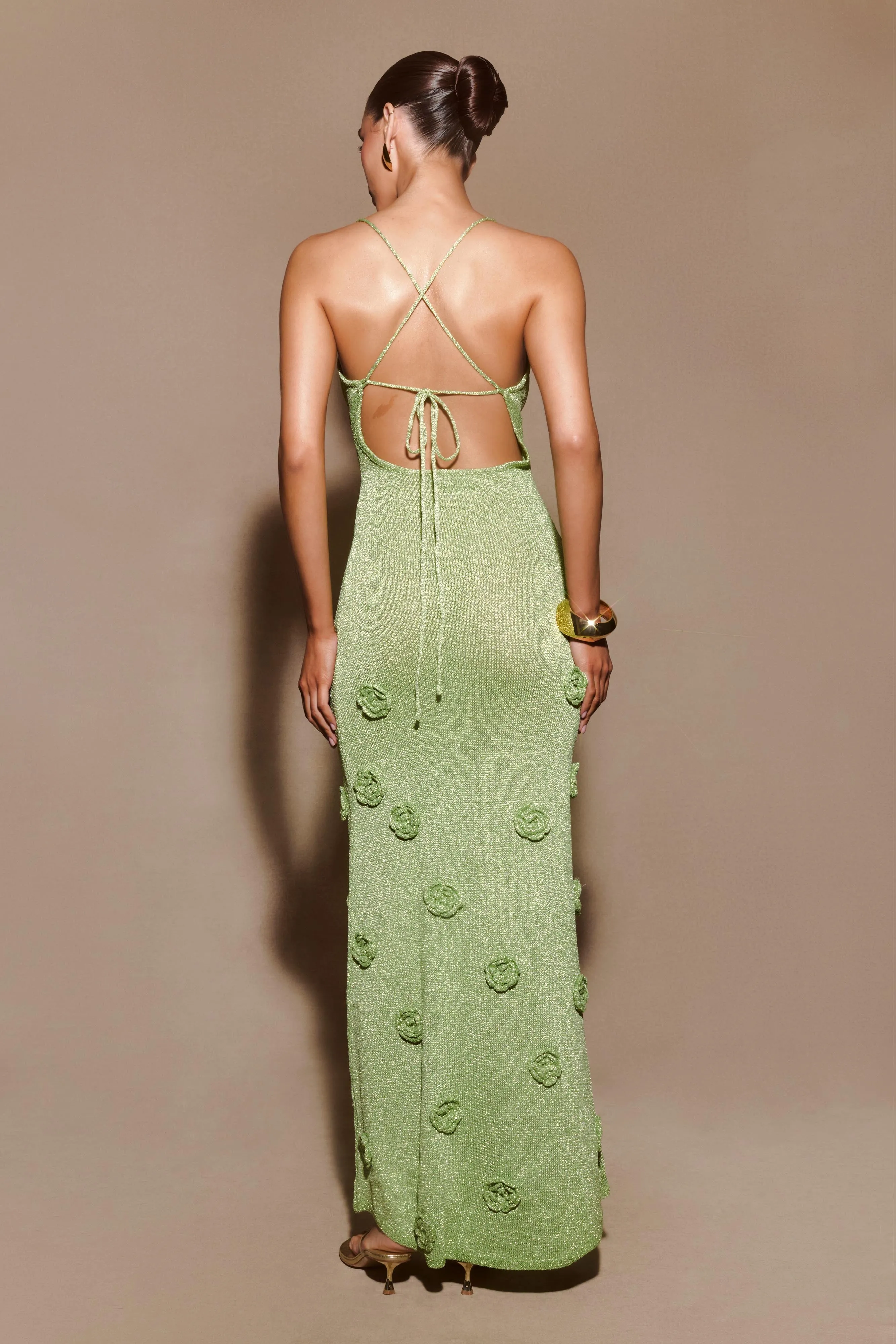 Clean Stitch Elegant Waistband Fit Suki Metallic Knit Maxi Dress - Pastel Green