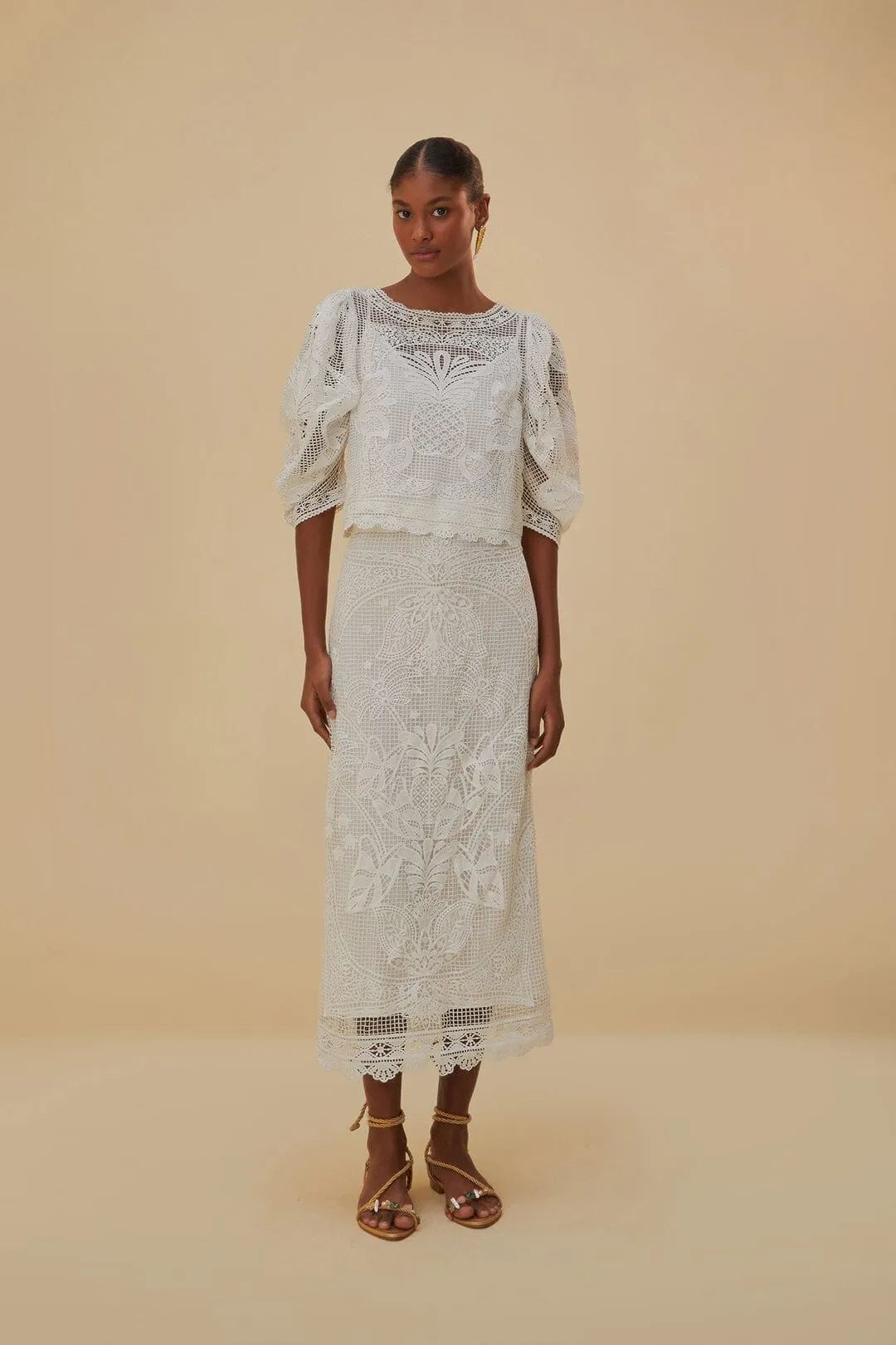 White Guipure Midi Skirt Natural Mood Style Staple