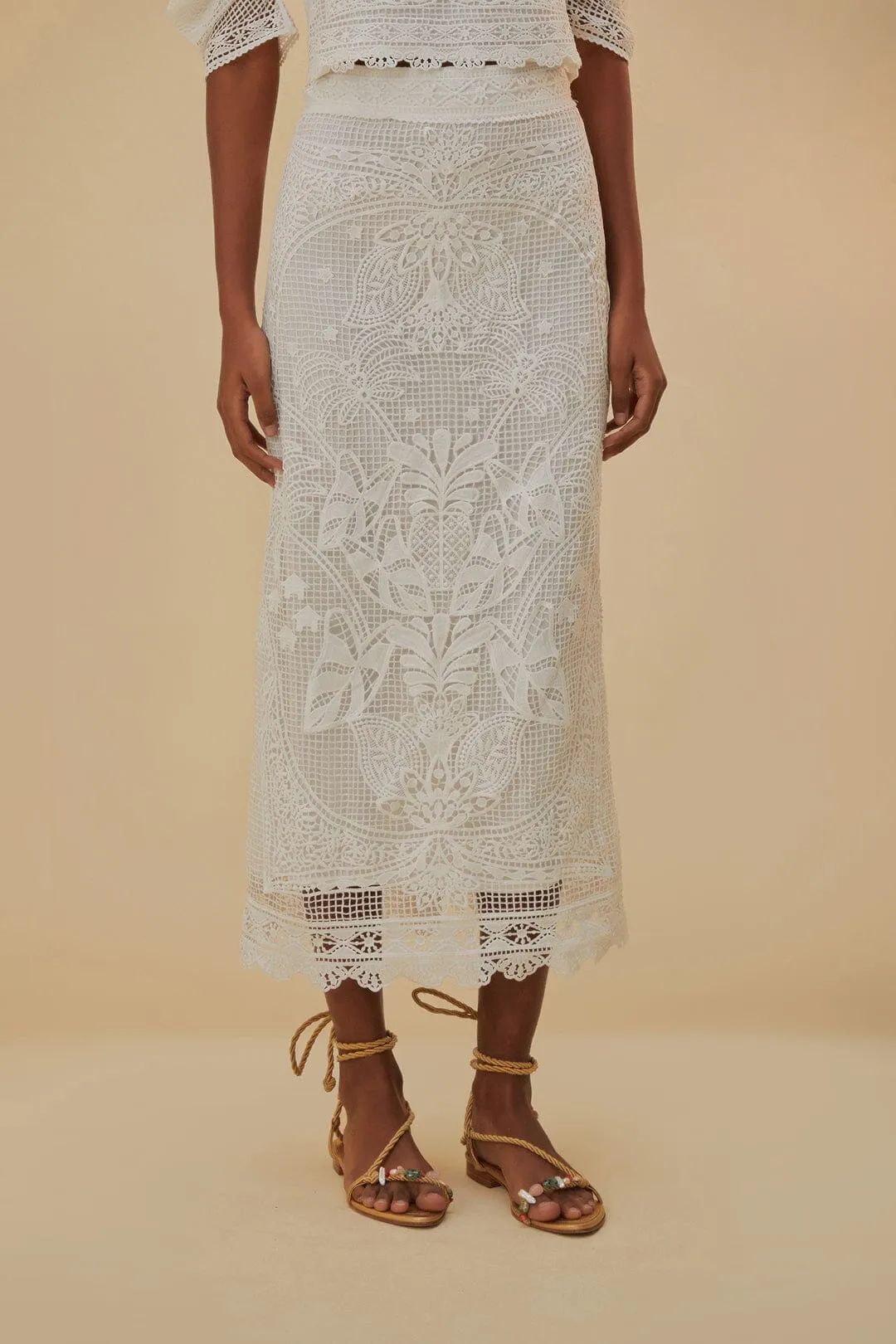 Matte Texture Mid Length White Guipure Midi Skirt