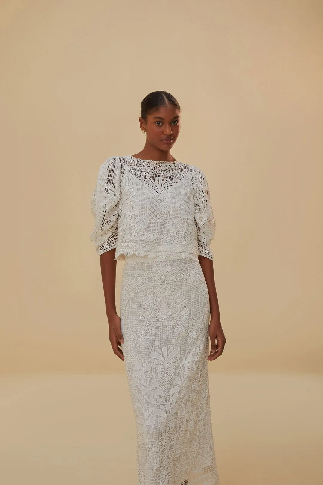 White Guipure Midi Skirt Ankle length