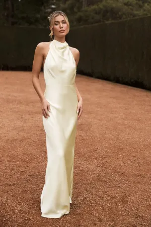 Esther Iridescent Satin Cowl Maxi Dress - Lemon Sorbet Glamorous look Bare Arm