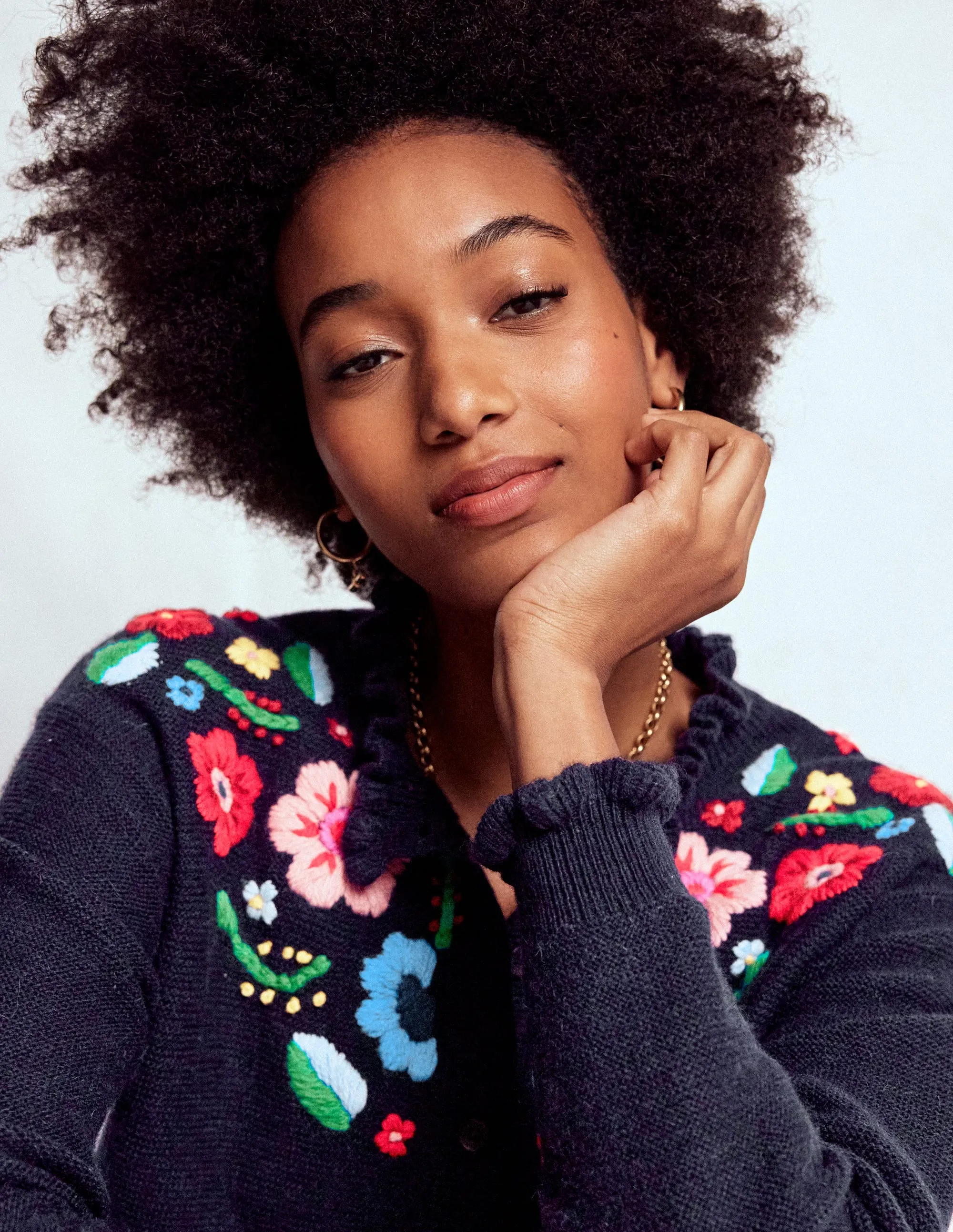 Subtle Details Embroidered Frill Cardigan-Navy