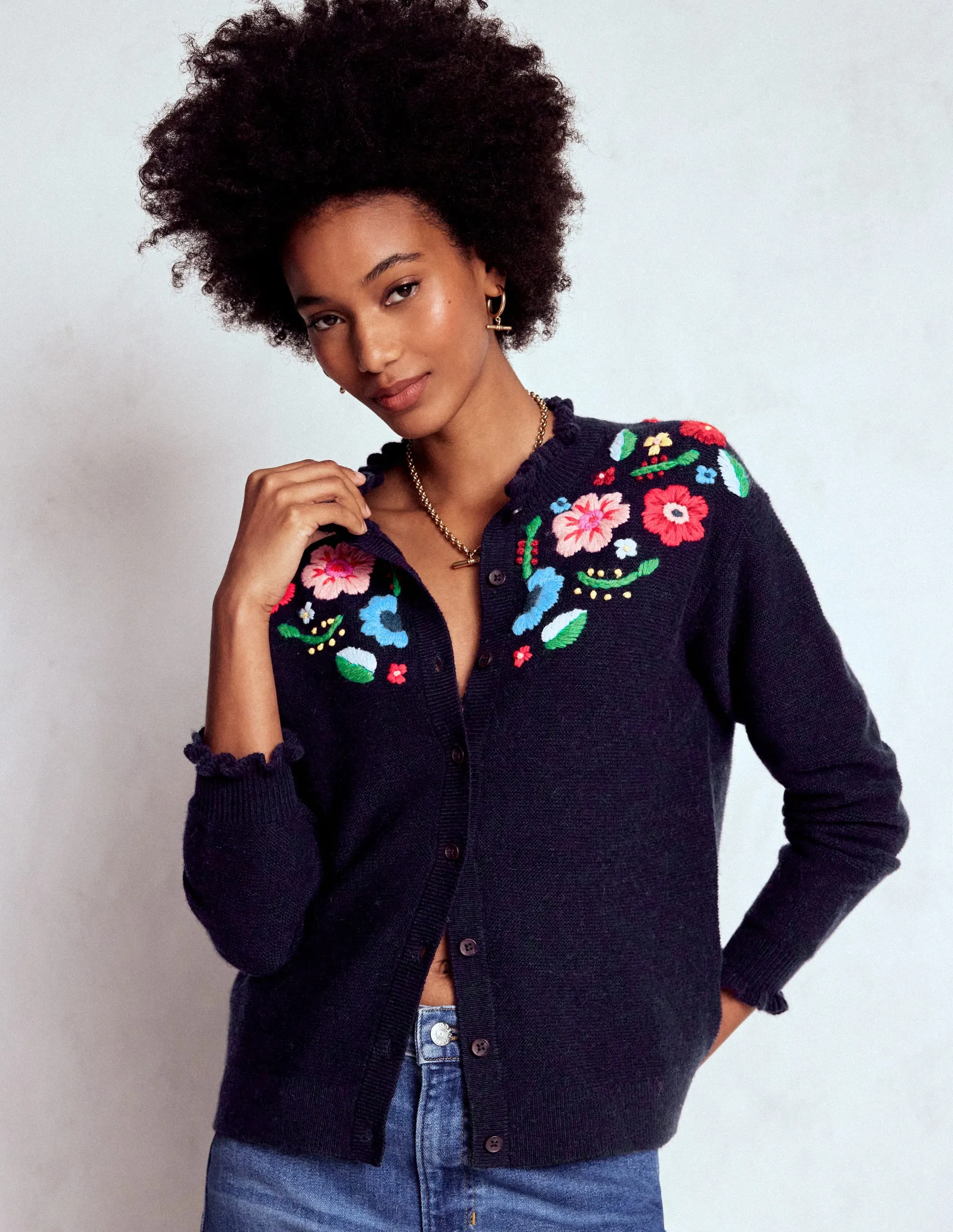 Embroidered Frill Cardigan-Navy Chill Proof