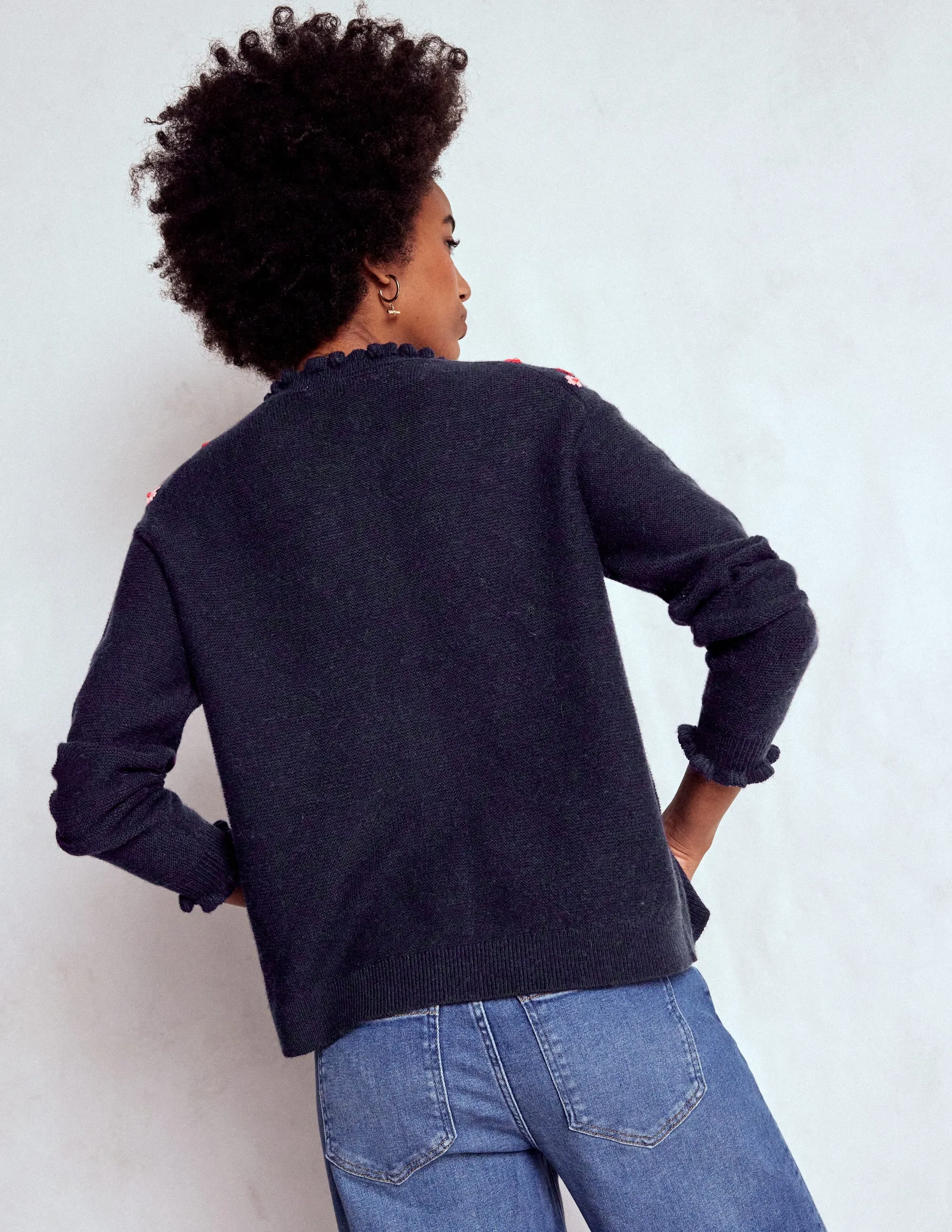 Urban Comforted Embroidered Frill Cardigan-Navy