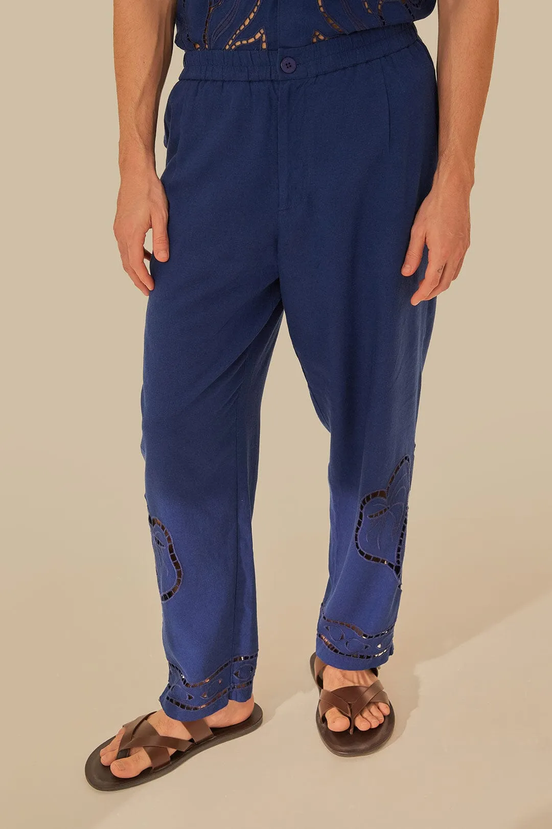 Chilly Weather Minimal Waistband Surrealist Richelieu Embroidered Euroflax? Premium Linen Pants