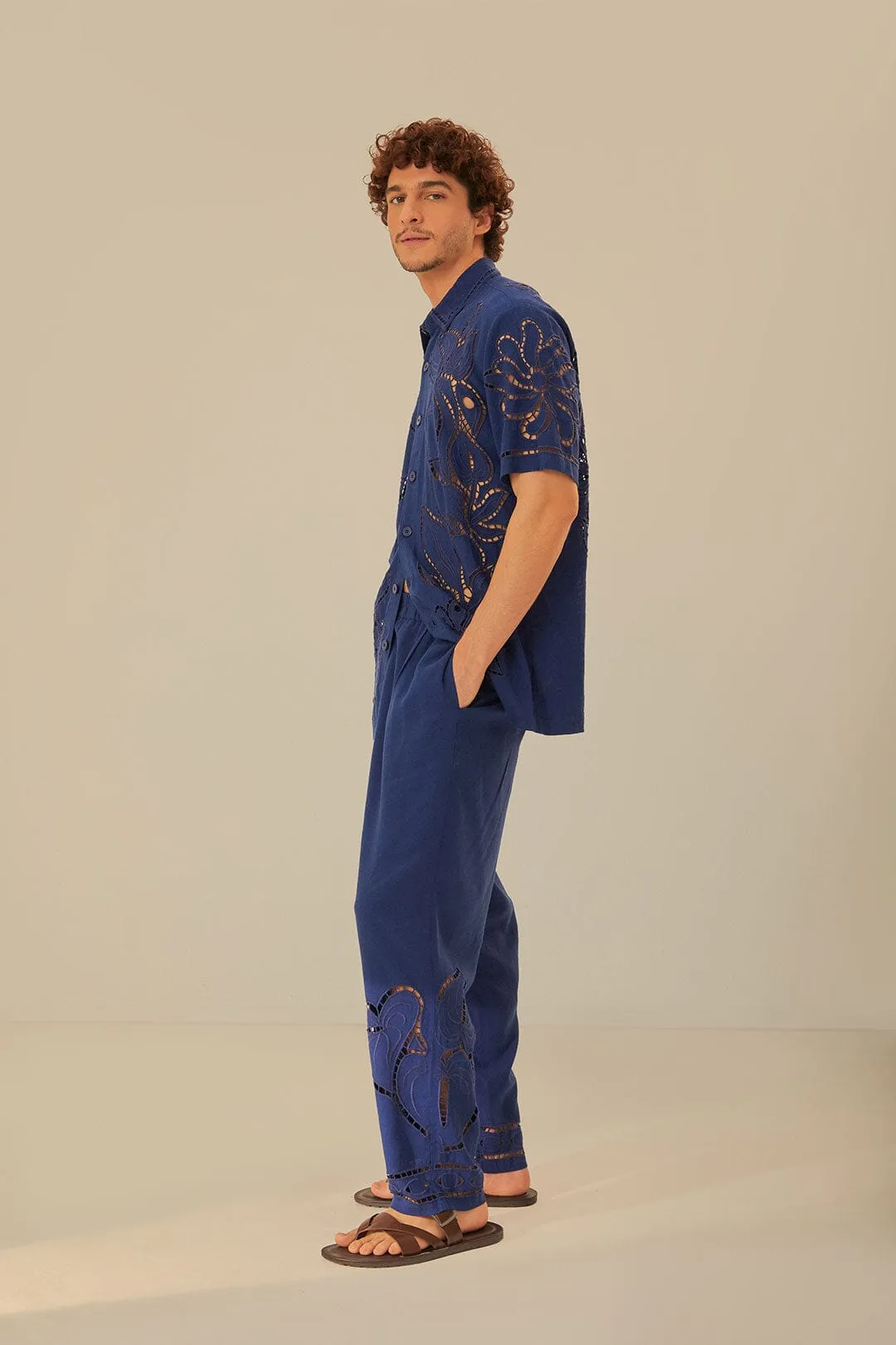 Surrealist Richelieu Embroidered Euroflax? Premium Linen Pants Denim finish