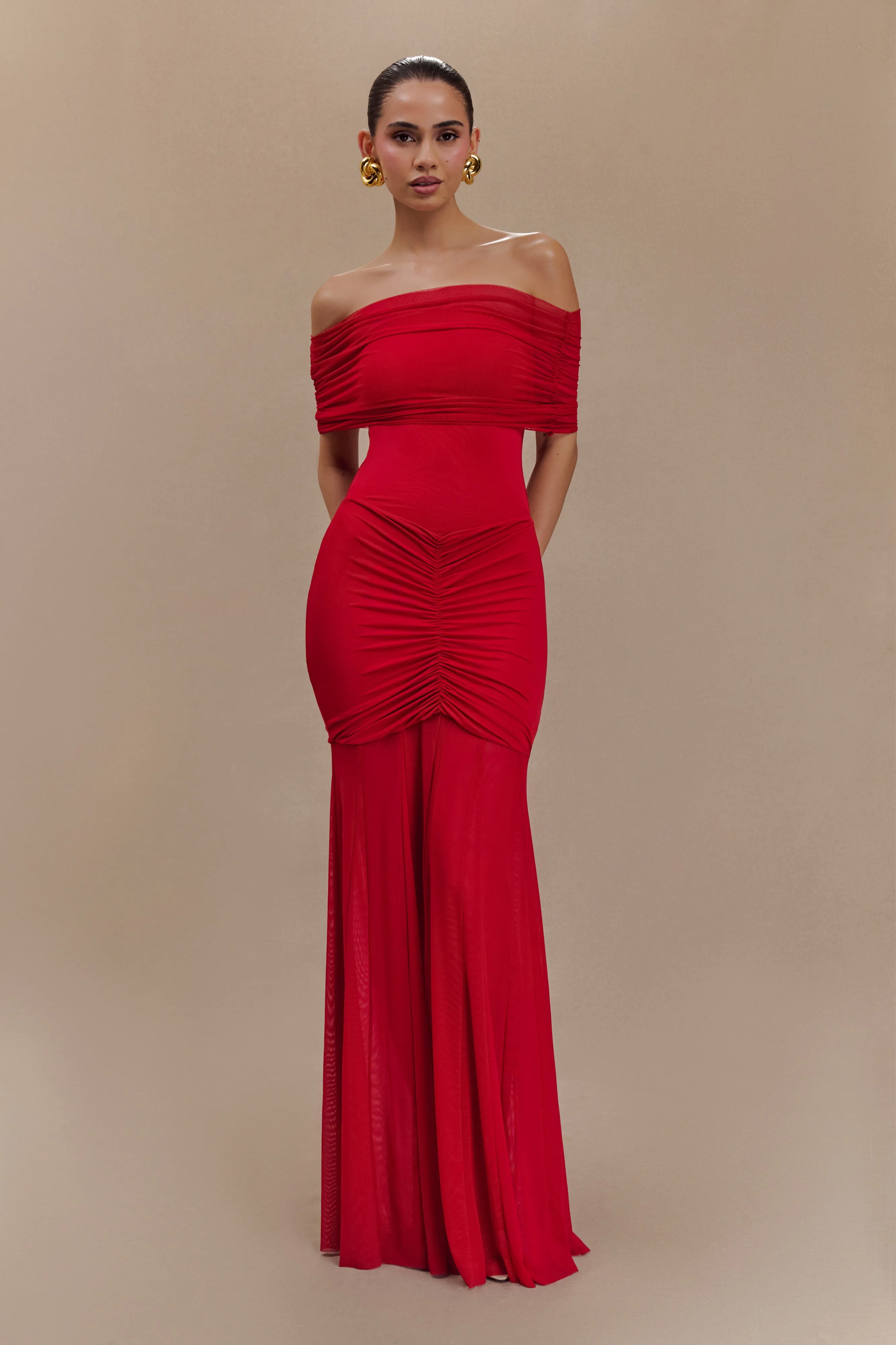 Caspian Slinky And Mesh Off Shoulder Maxi Dress - Ruby Matte Look