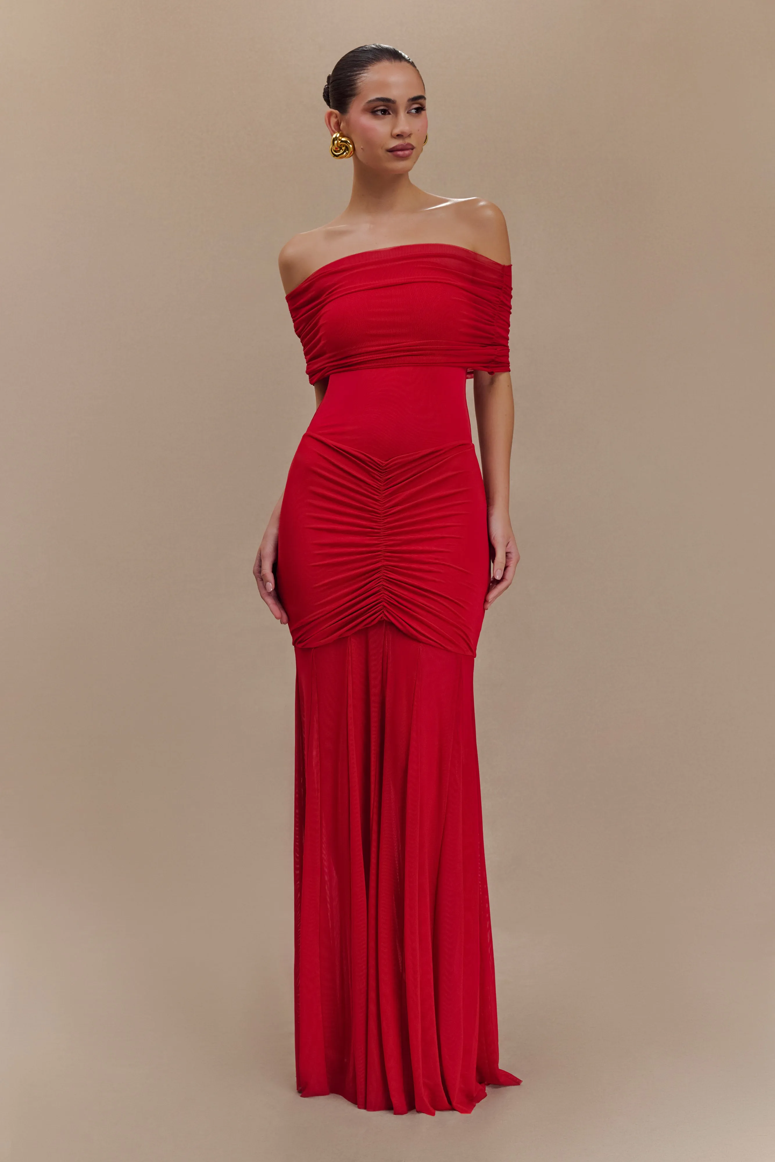 Kind Glow Timeless Waistband Fit Caspian Slinky And Mesh Off Shoulder Maxi Dress - Ruby