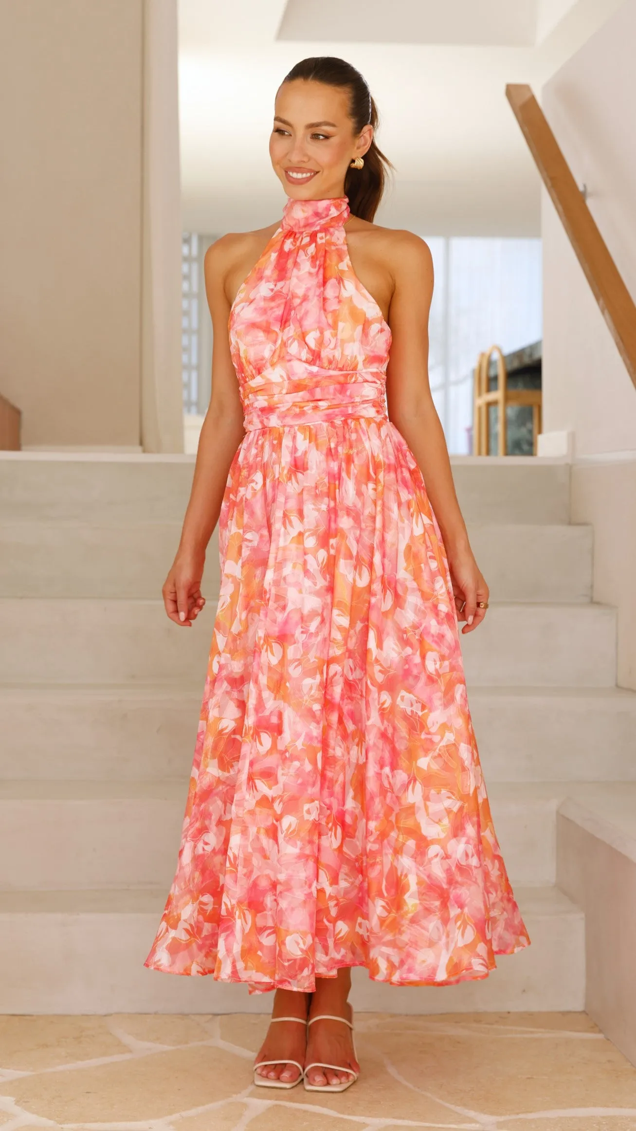 Taipa Maxi Dress - Pink / Orange Floral High-waisted evening piece Dreamy Motion