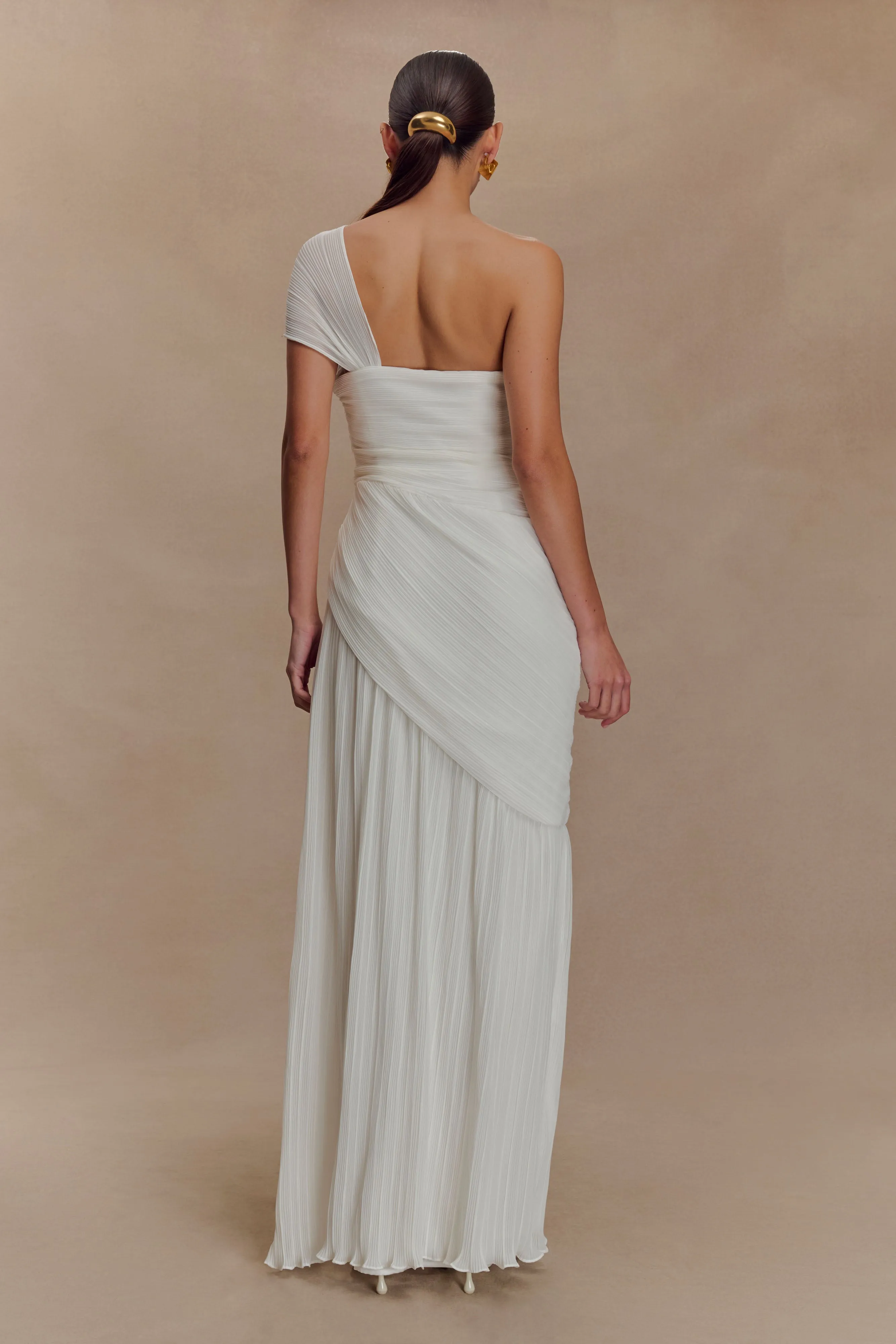 Tamara Shirred Chiffon Midi Dress - White Soft Air Dressy Yet Comfortable