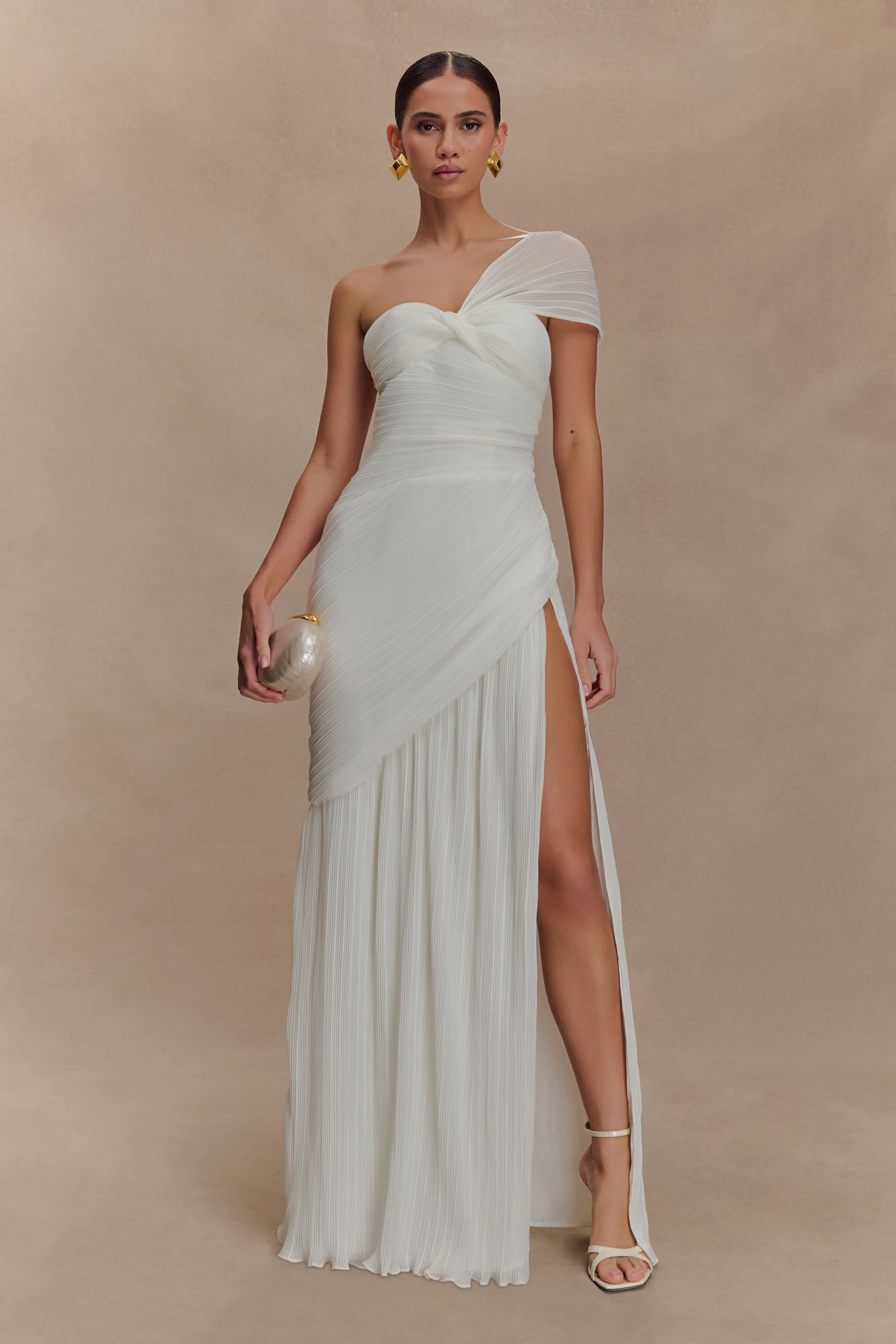 Quick Elegance Tamara Shirred Chiffon Midi Dress - White