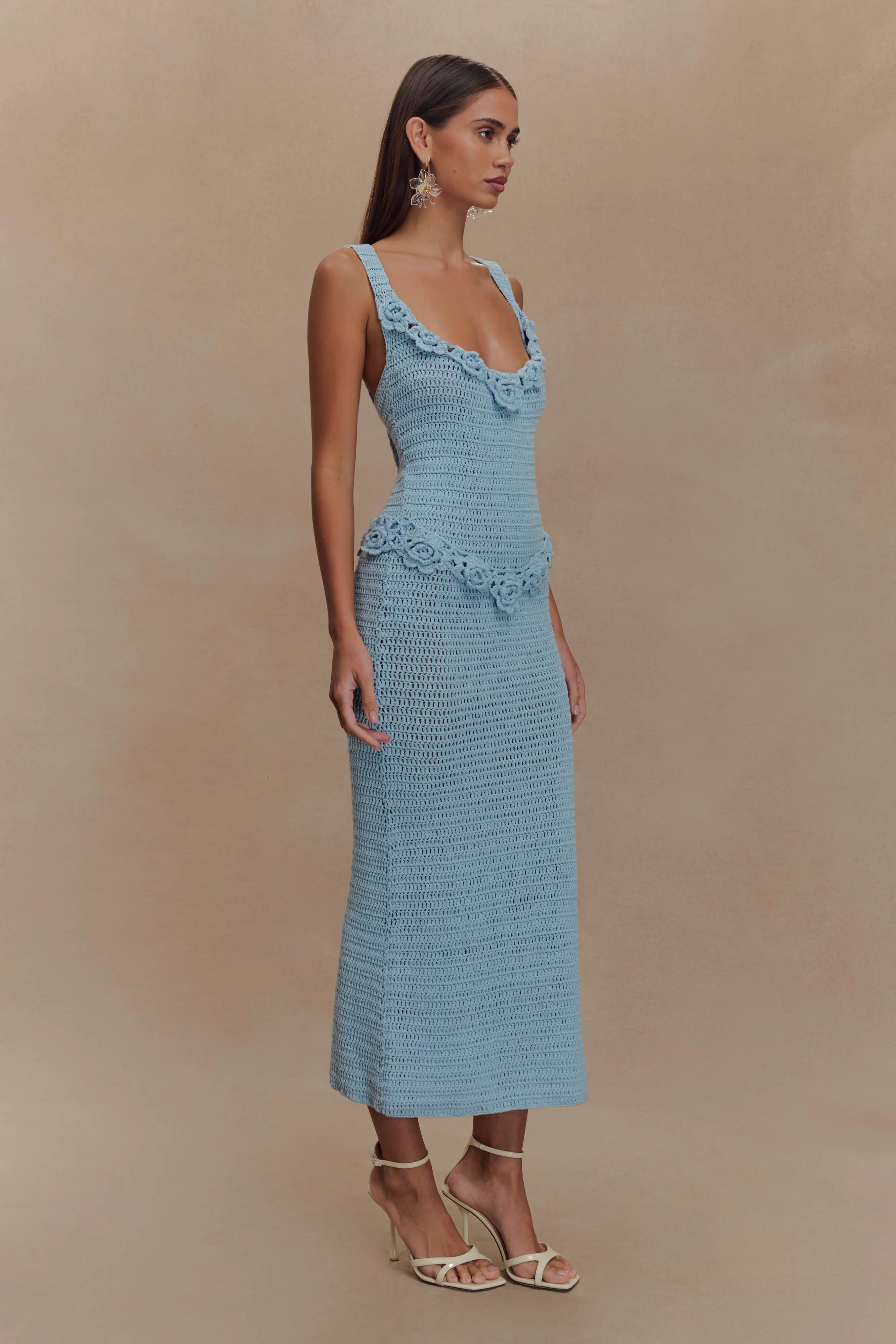 Timeless Waist Fit Teagan Floral Hand Crochet Midi Dress - Blue