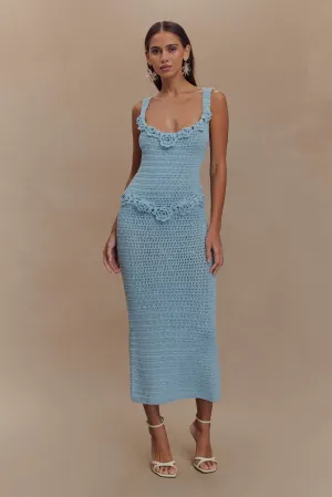 Teagan Floral Hand Crochet Midi Dress - Blue Natural Tones Stream Cut