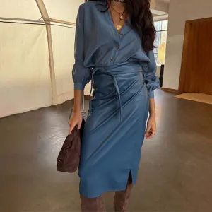 Teal Vegan Leather Jaspre Skirt Sporty Edge Elasticized Hem