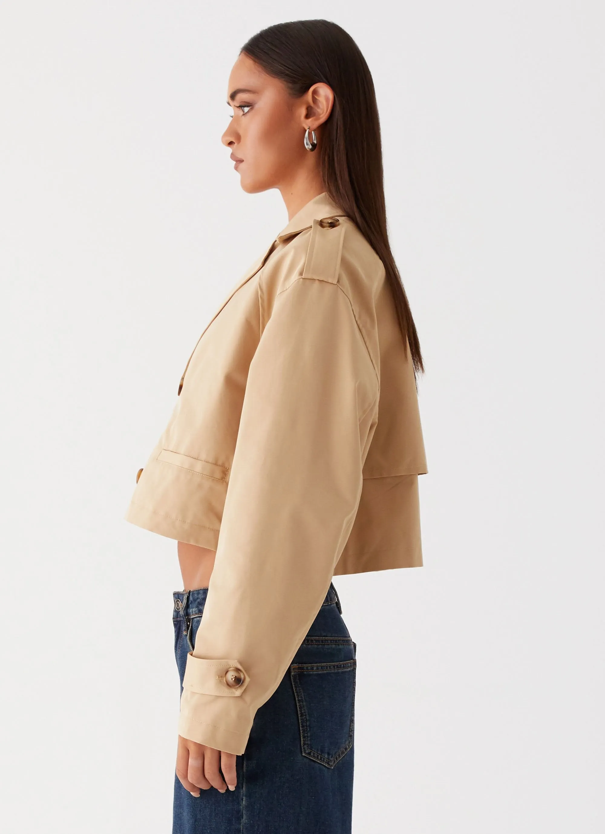 Teddie Cropped Trench Coat - Camel Hypoallergenic Interior Wind Resistant Lining