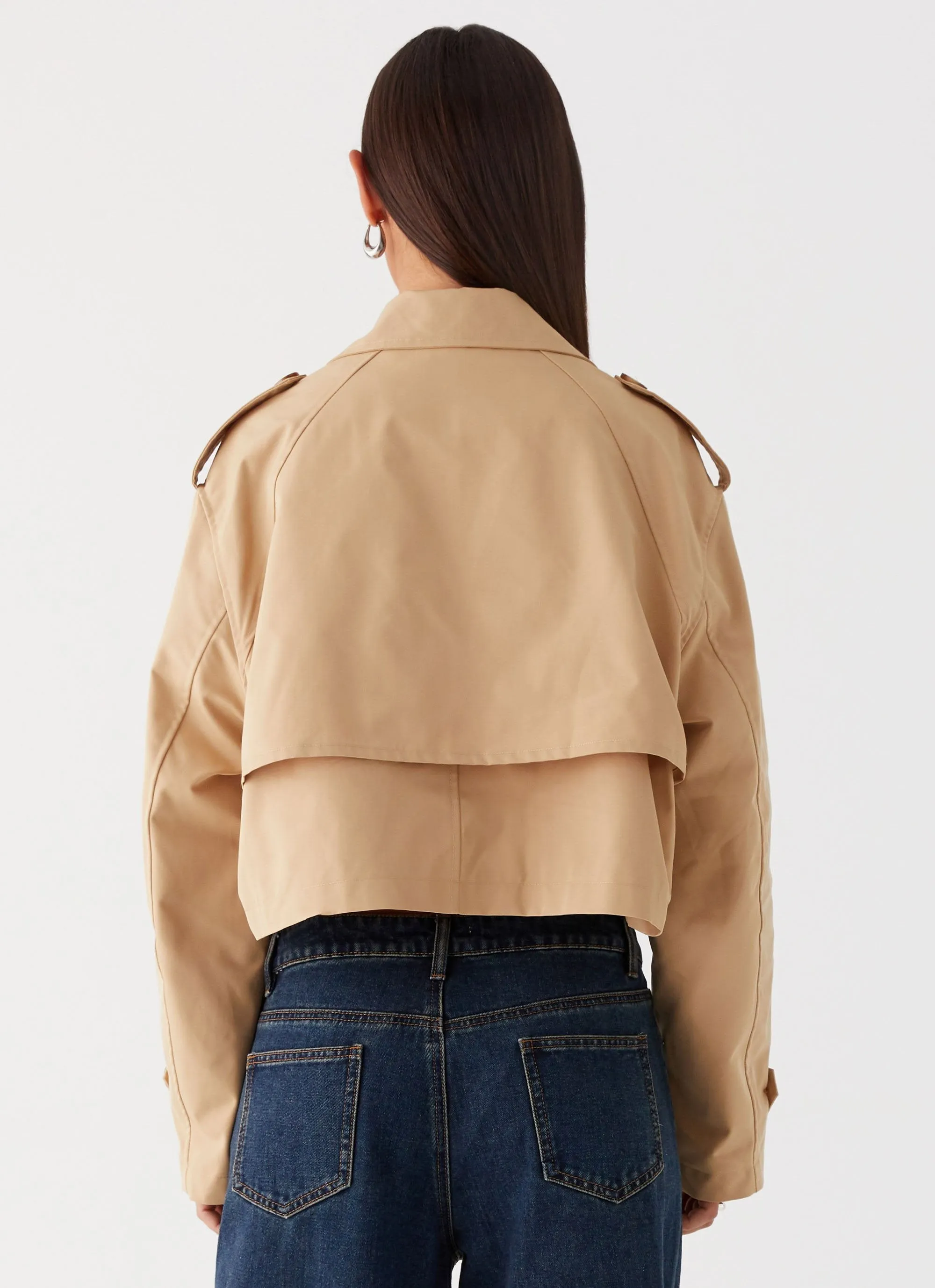 AdjustableDrawstring Breathable Lining Design Teddie Cropped Trench Coat - Camel