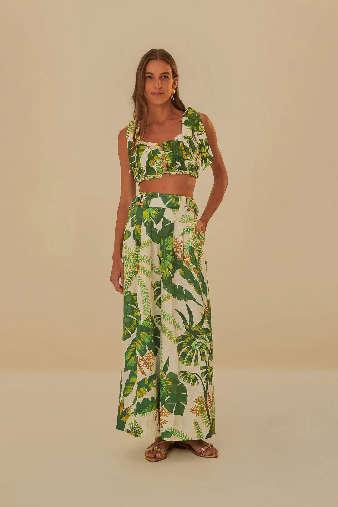 Global Cool ButterySoftTexture Tropical Forest Off-White Knot Sleeveless Crop Top