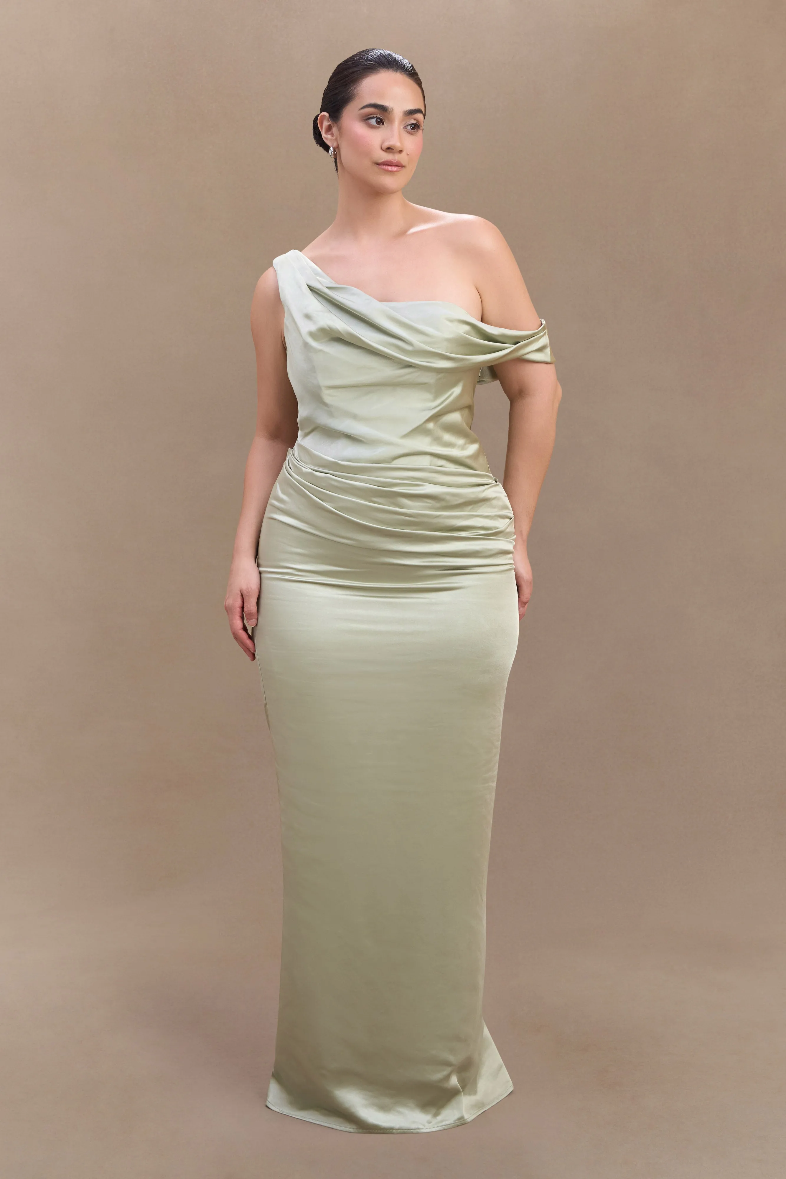 Perfect Design Texture Softness Dalia Off Shoulder Satin Maxi Dress - Sage