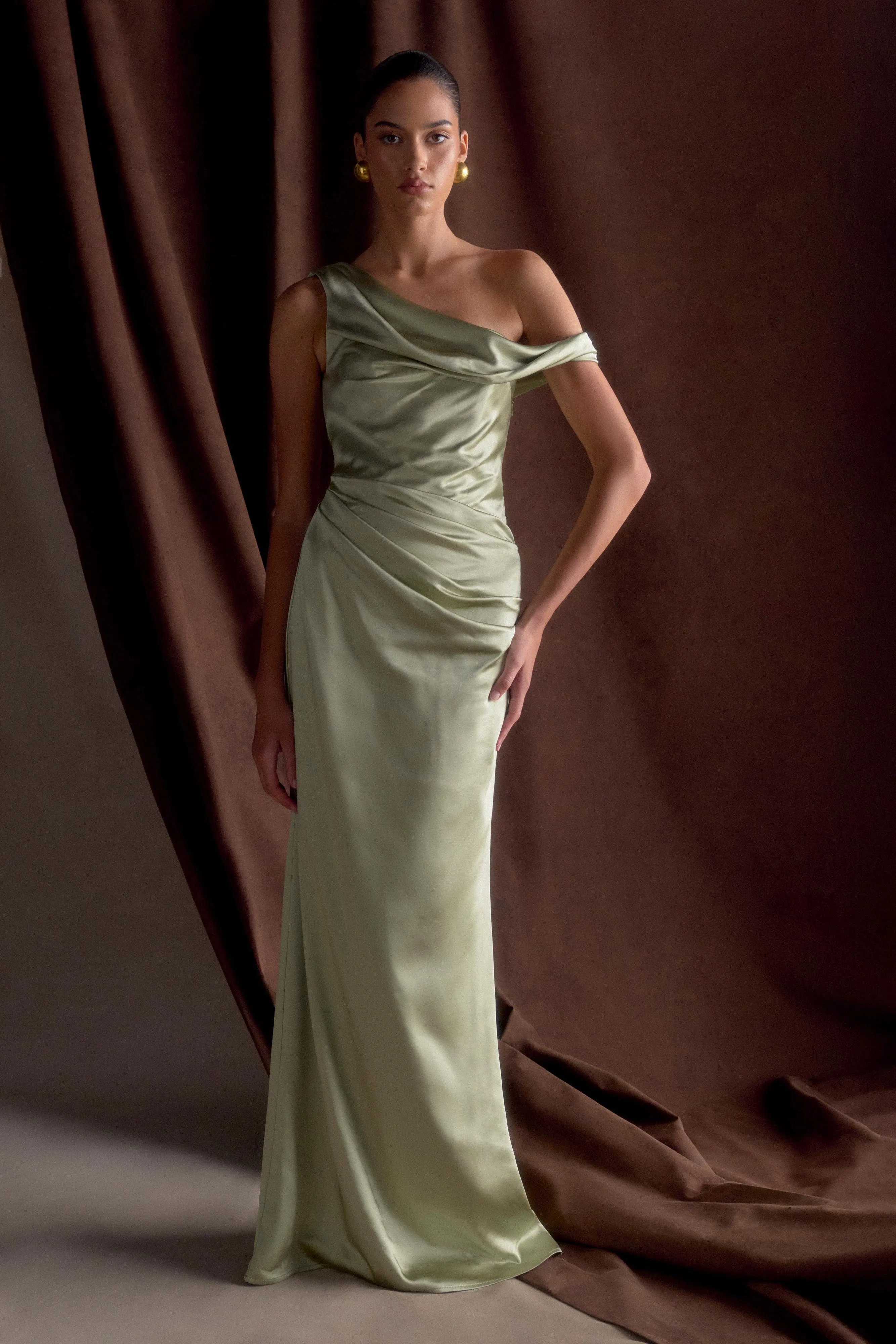 All Time Dalia Off Shoulder Satin Maxi Dress - Sage