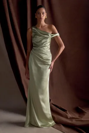 All Time Dalia Off Shoulder Satin Maxi Dress - Sage