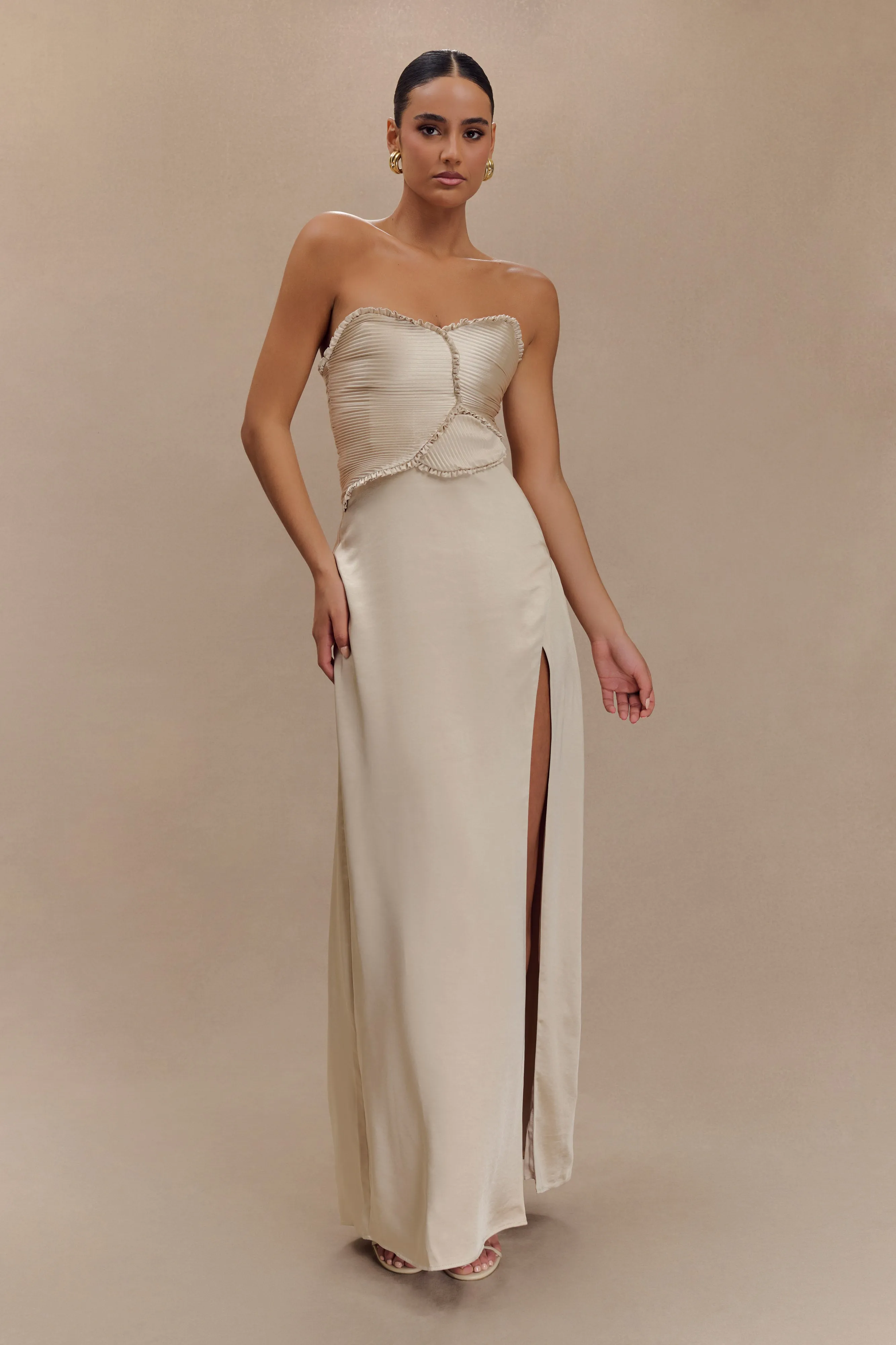 Larissa Satin Maxi Dress With Ruched Petals - Blush Gold Bold Mood