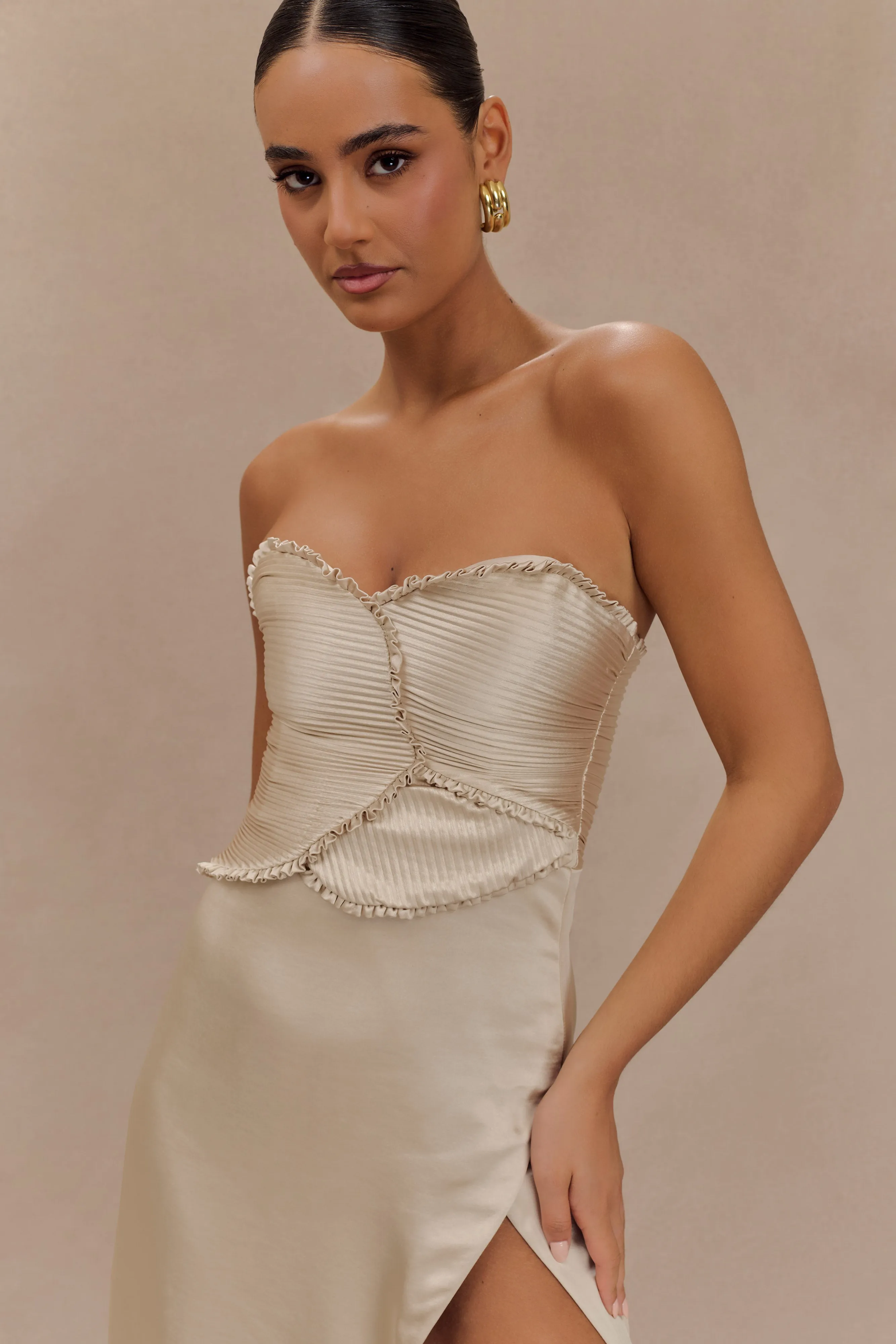 Perfect Layers Larissa Satin Maxi Dress With Ruched Petals - Blush Gold