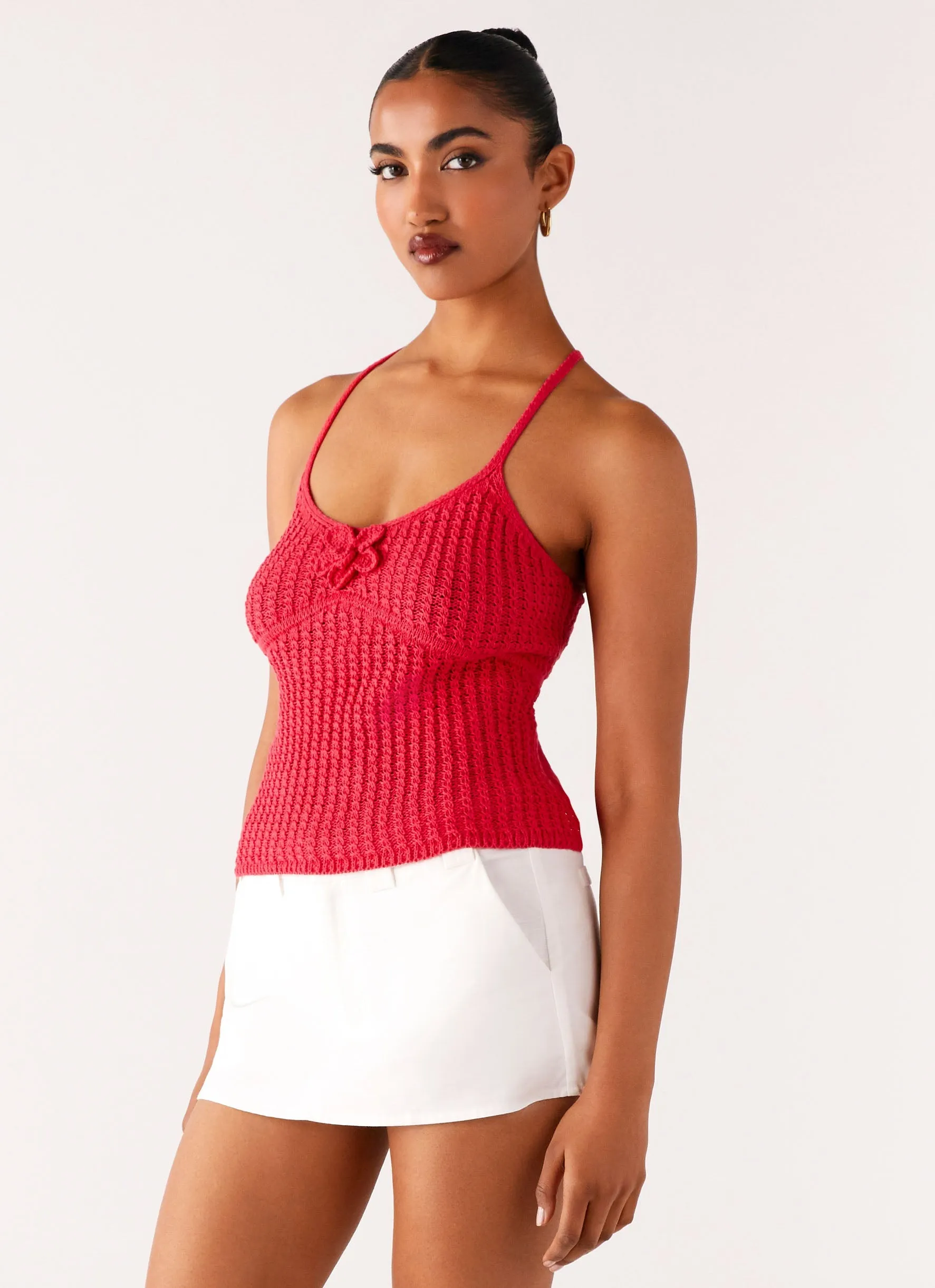 Breathable Yarn Home Casual Outfit Tiare Crochet Top - Fuchsia