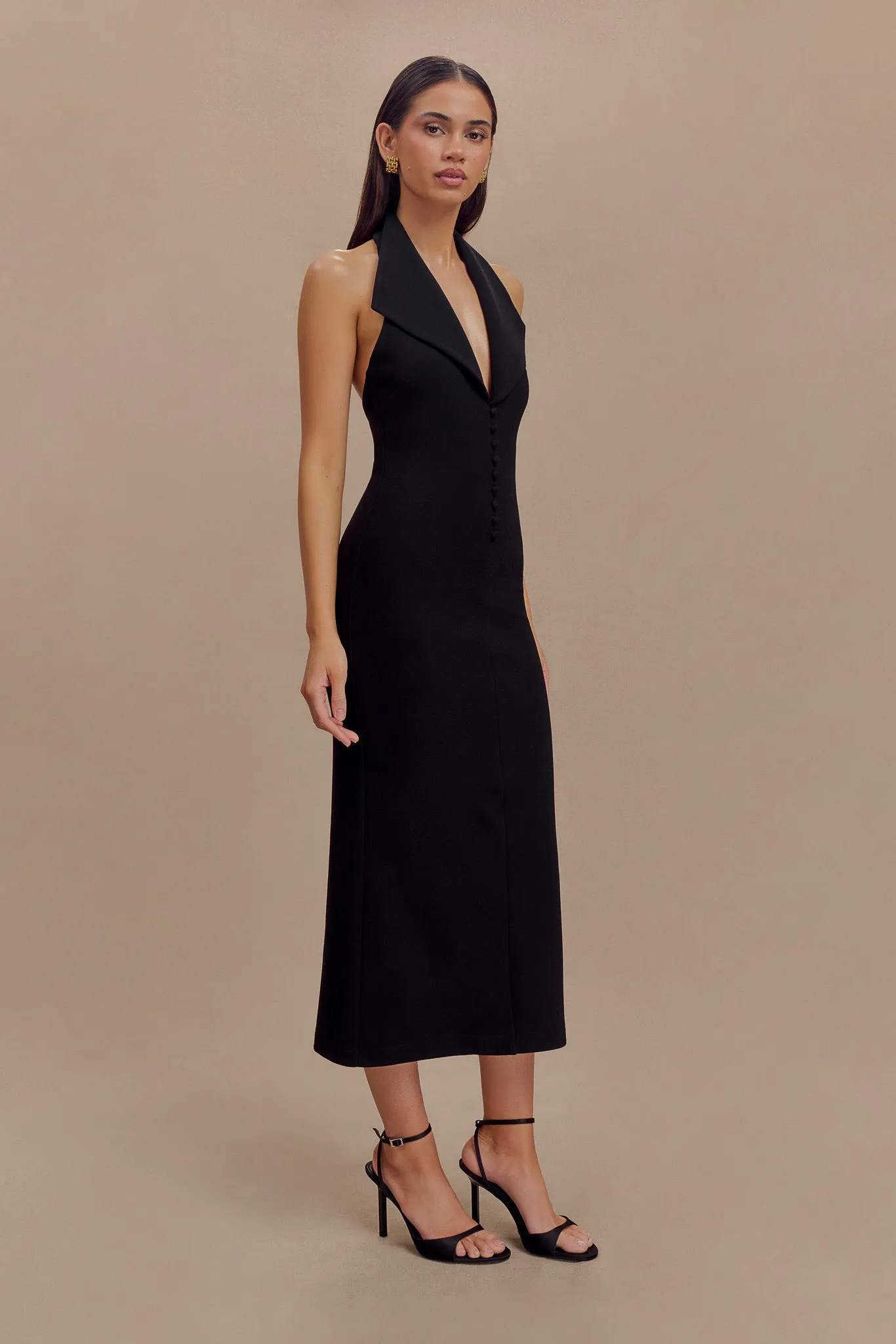 Sleeveless Cut Annita Crepe Halter Midi Dress - Black