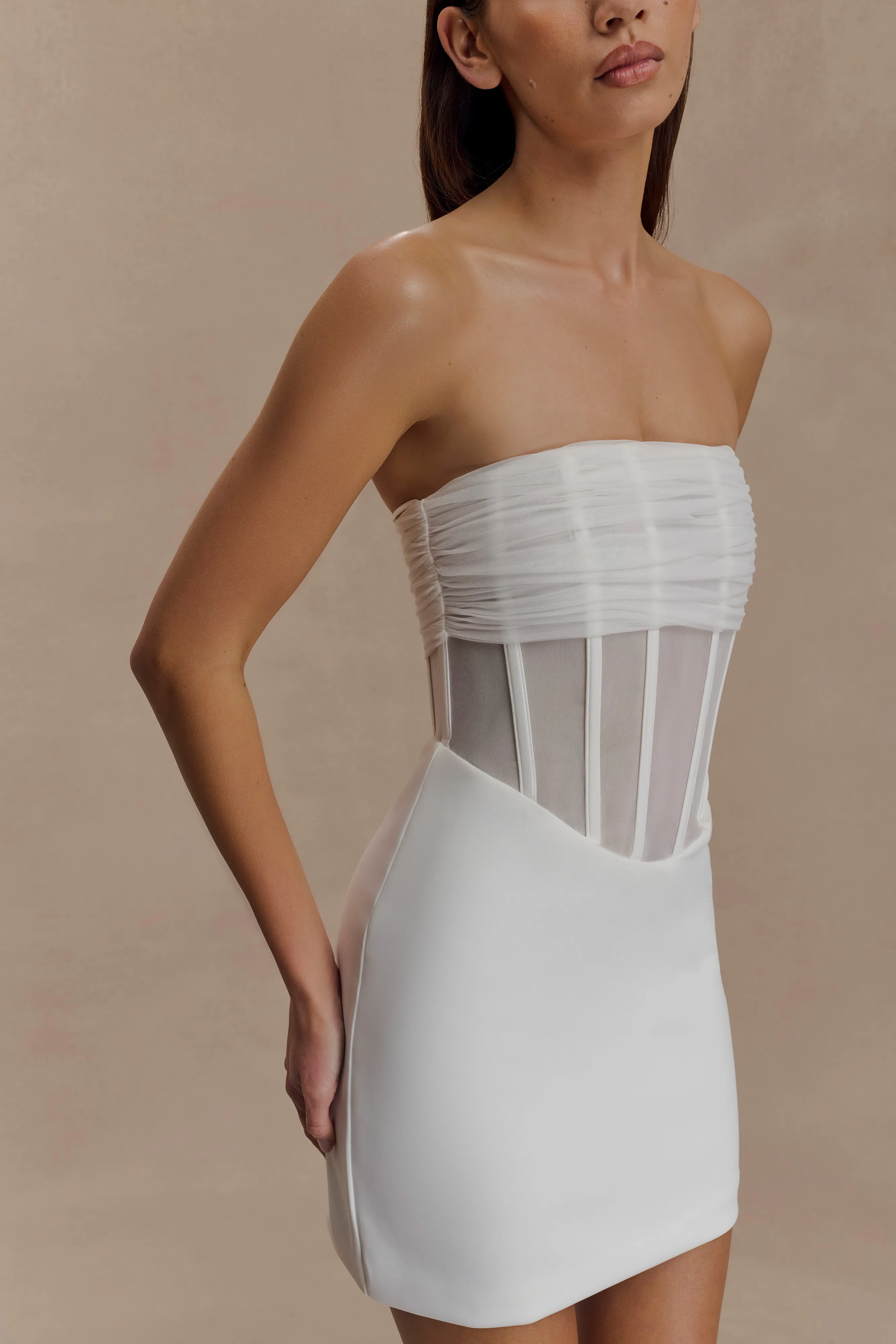 Palmer Mesh Corset Mini Dress - Ivory Nordic Plain